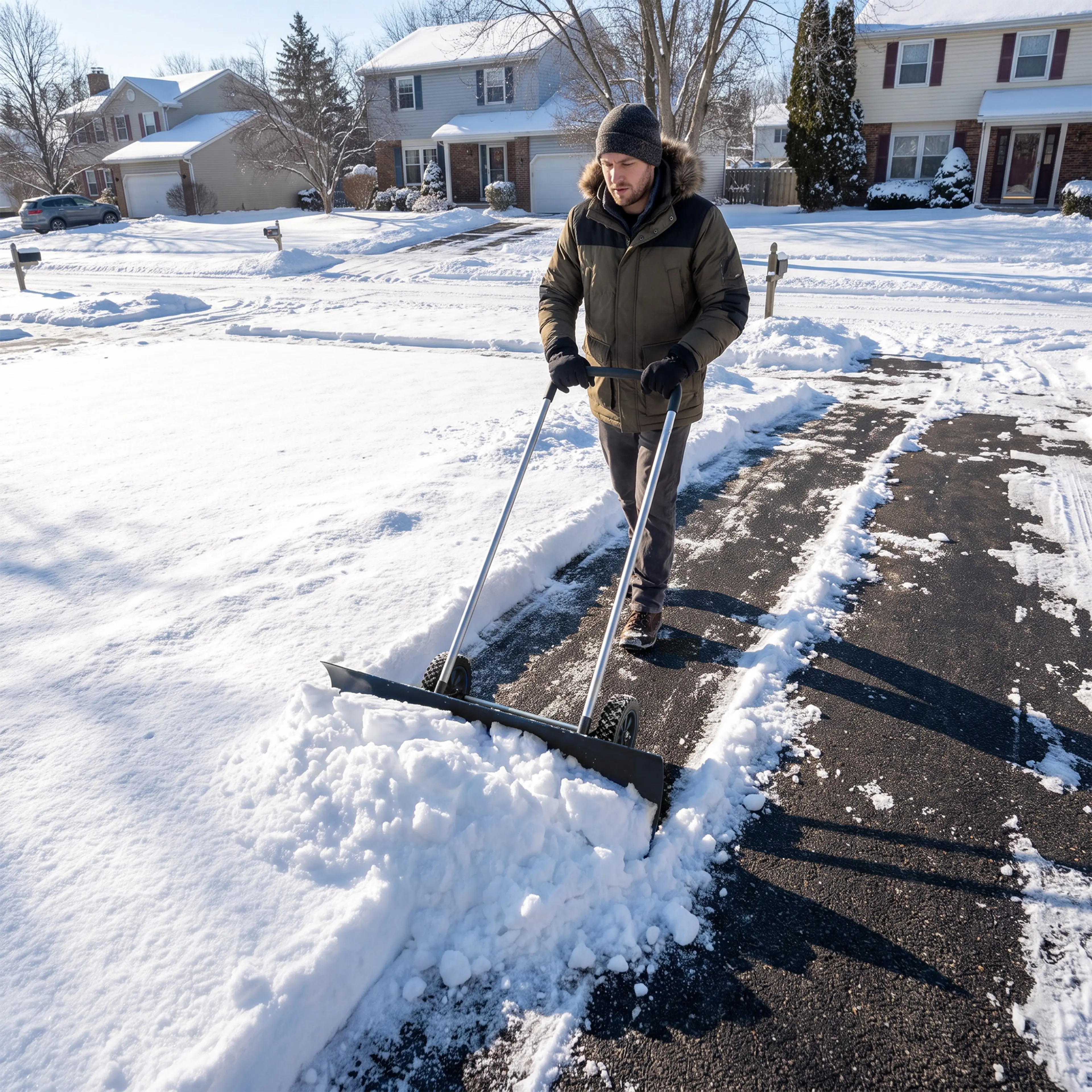 Man skjuter snö längs en villagata med snöskyffeln