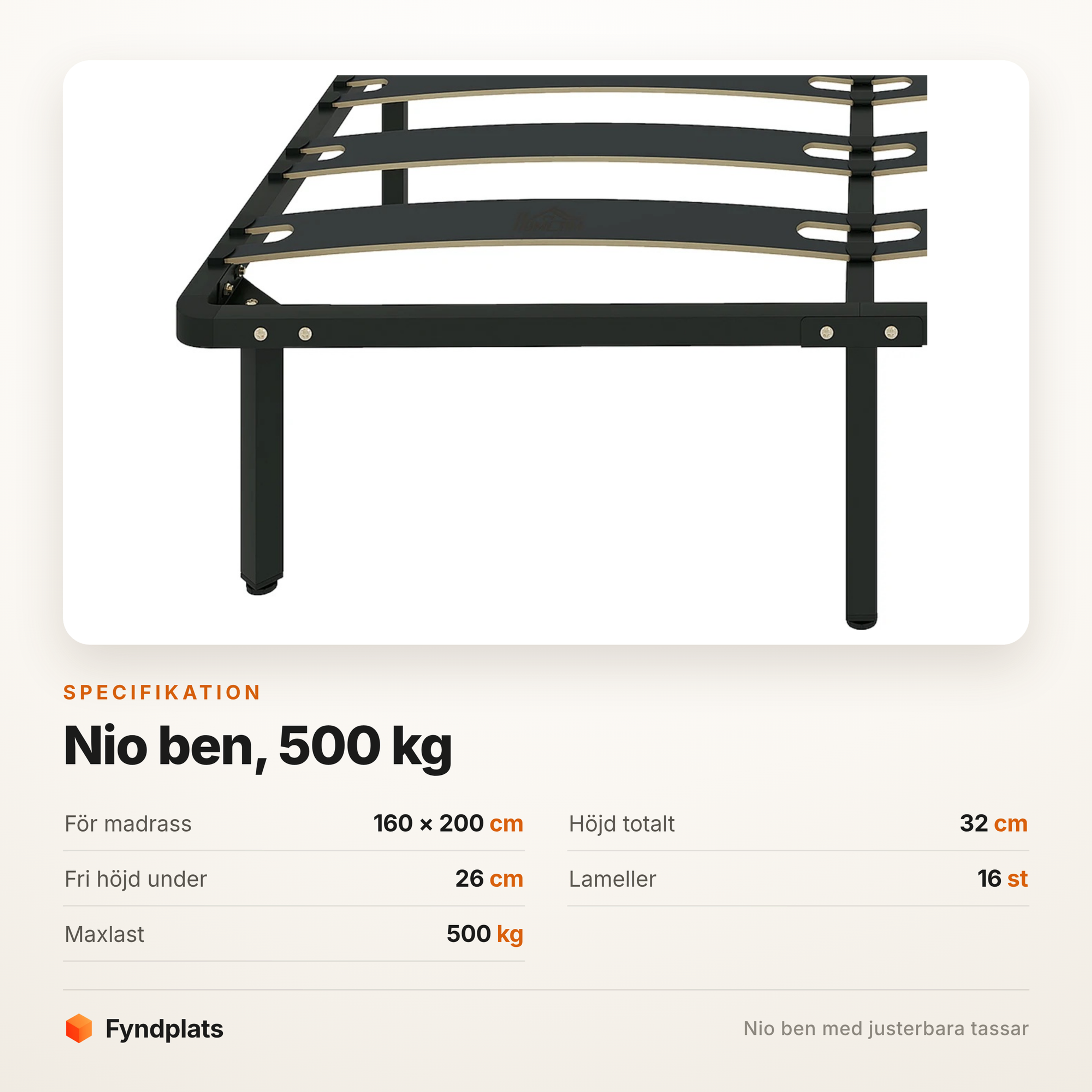 Specifikationskort för sängramen med nio ben, justerbara tassar och 500 kg maxlast