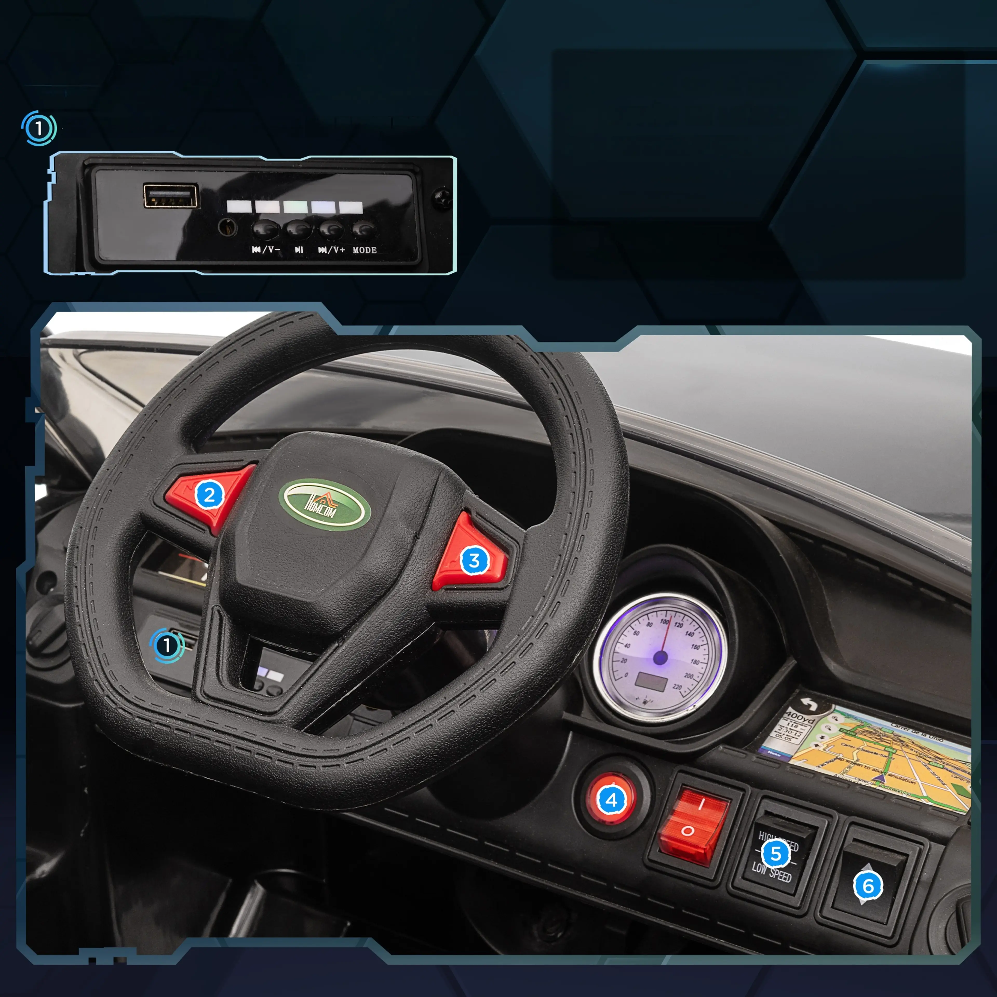 Närbild av elbilens instrumentpanel med ratt, MP3-panel med USB-ingång, tut- och musikknapp, strömbrytare, hastighetsväljare och backomkopplare.