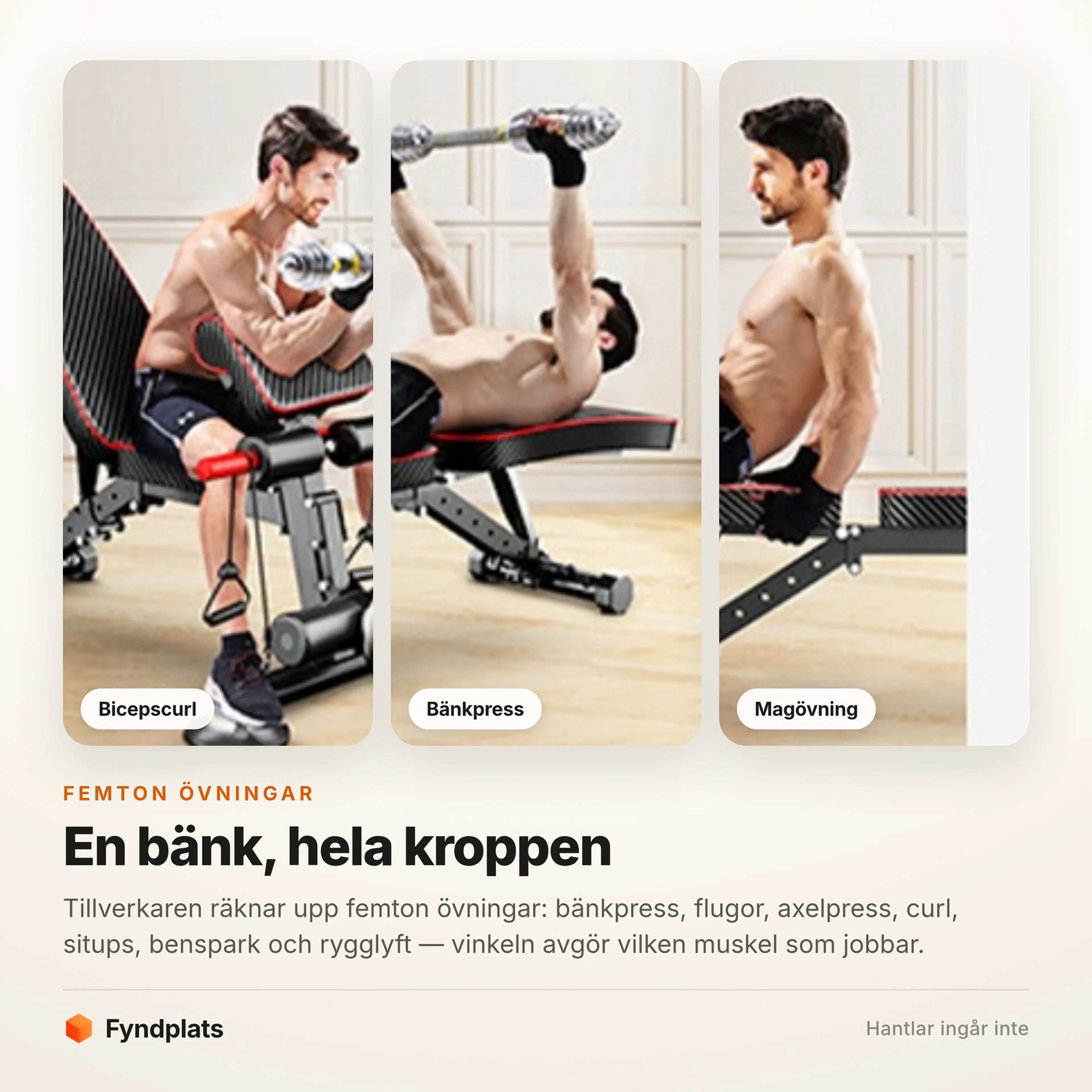 Tre övningar på bänken: bicepscurl, bänkpress och magövning