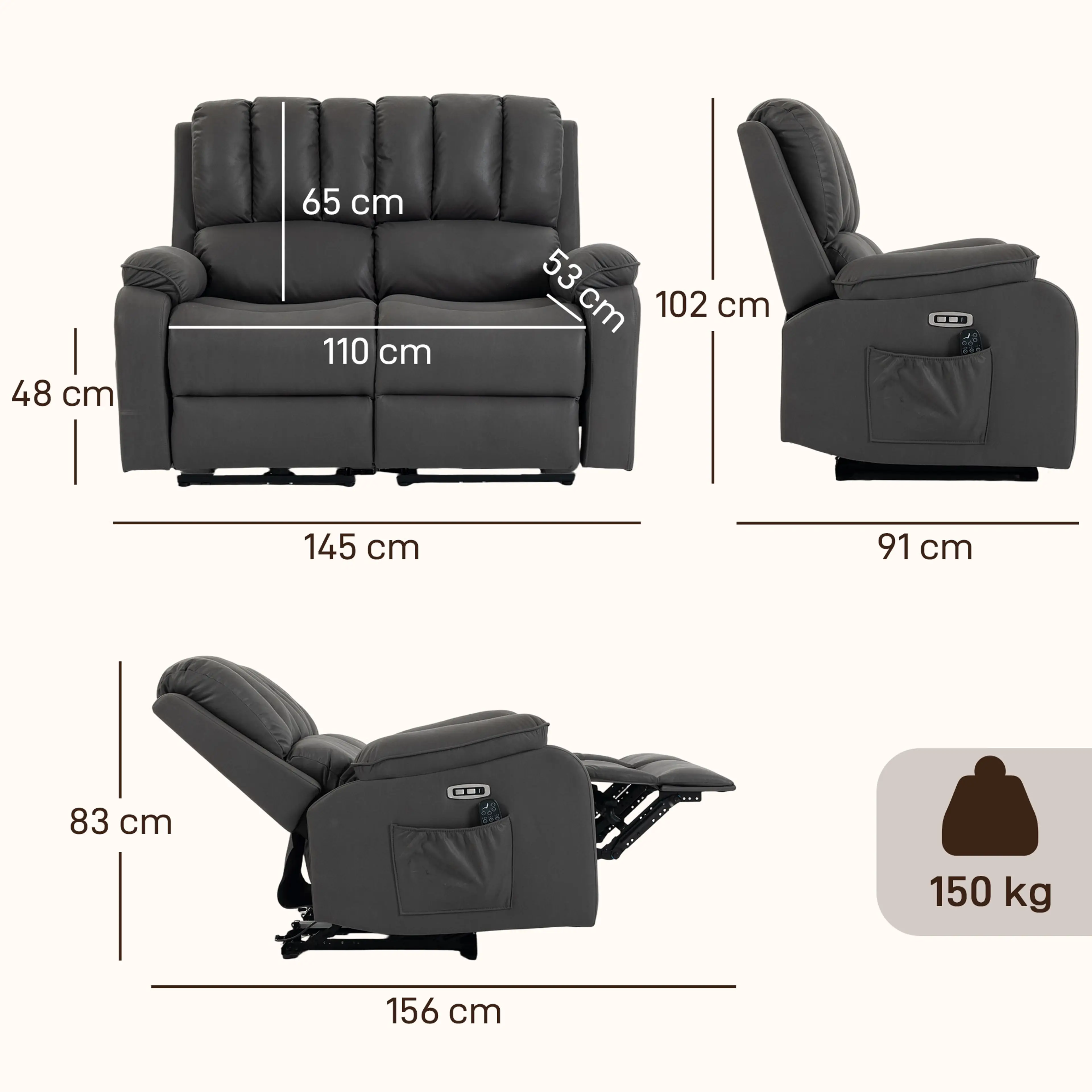 Måttbild: soffan är 145 cm bred, 91 cm djup och 102 cm hög, och 156 cm djup med sitsen bakåtfälld