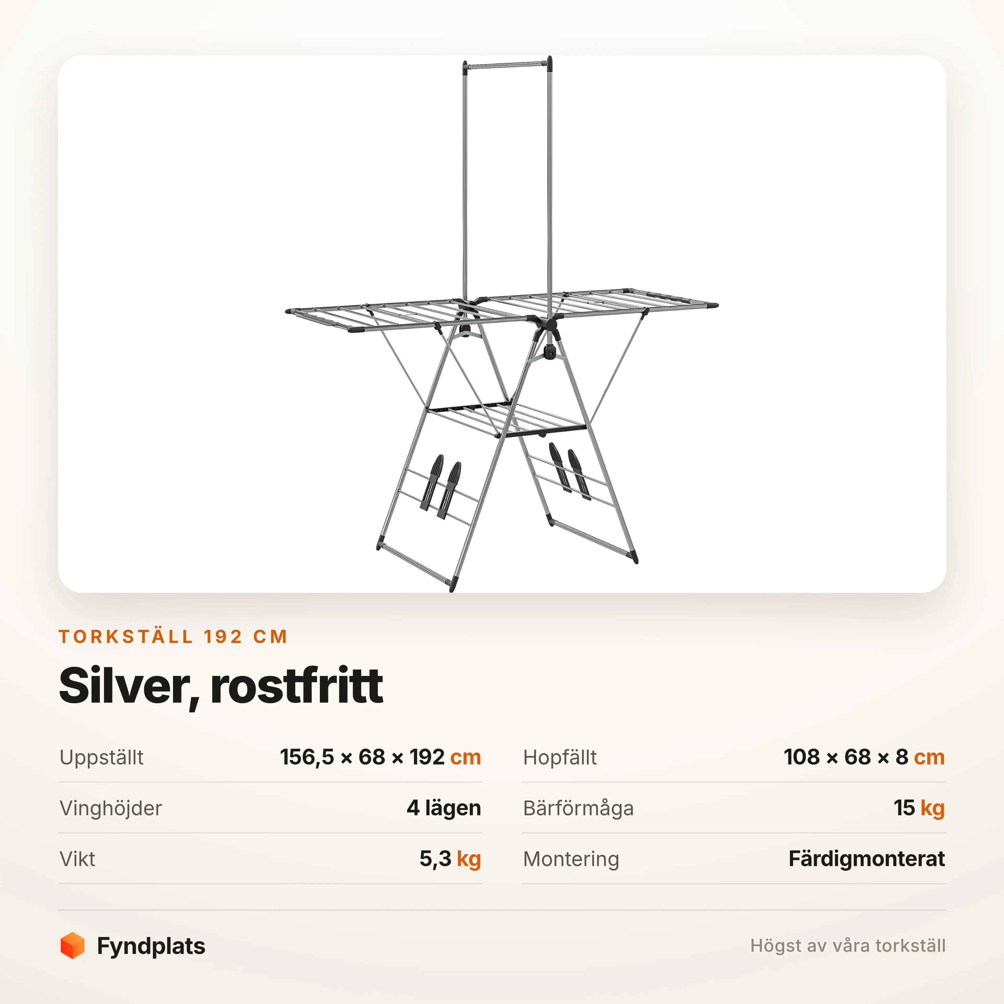 Specifikation: 156,5 × 68 × 192 cm, vingar i fyra höjder