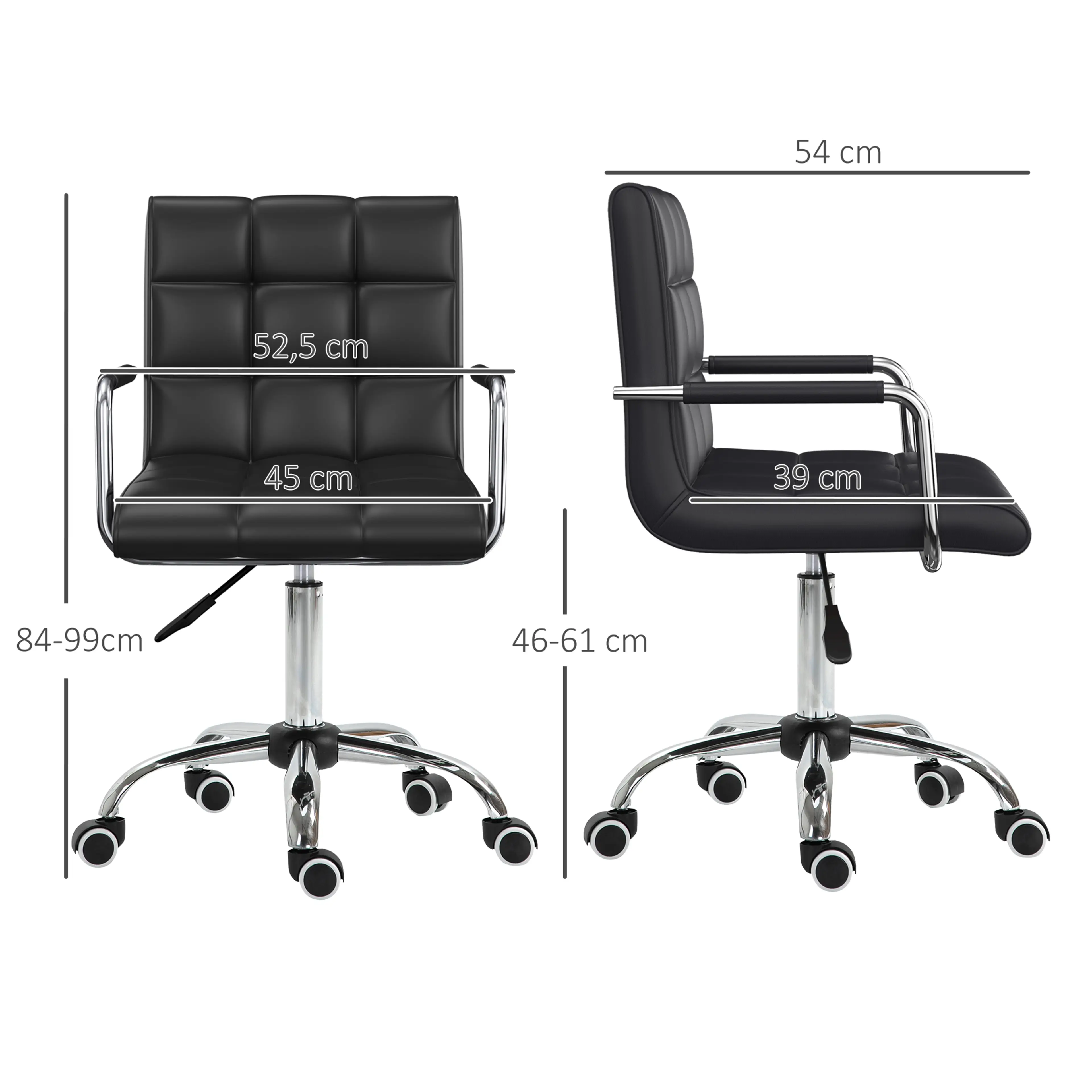 Måttritning med djup 54 cm, bredd 52,5 cm, höjd 84–99 cm och sitthöjd 46–61 cm