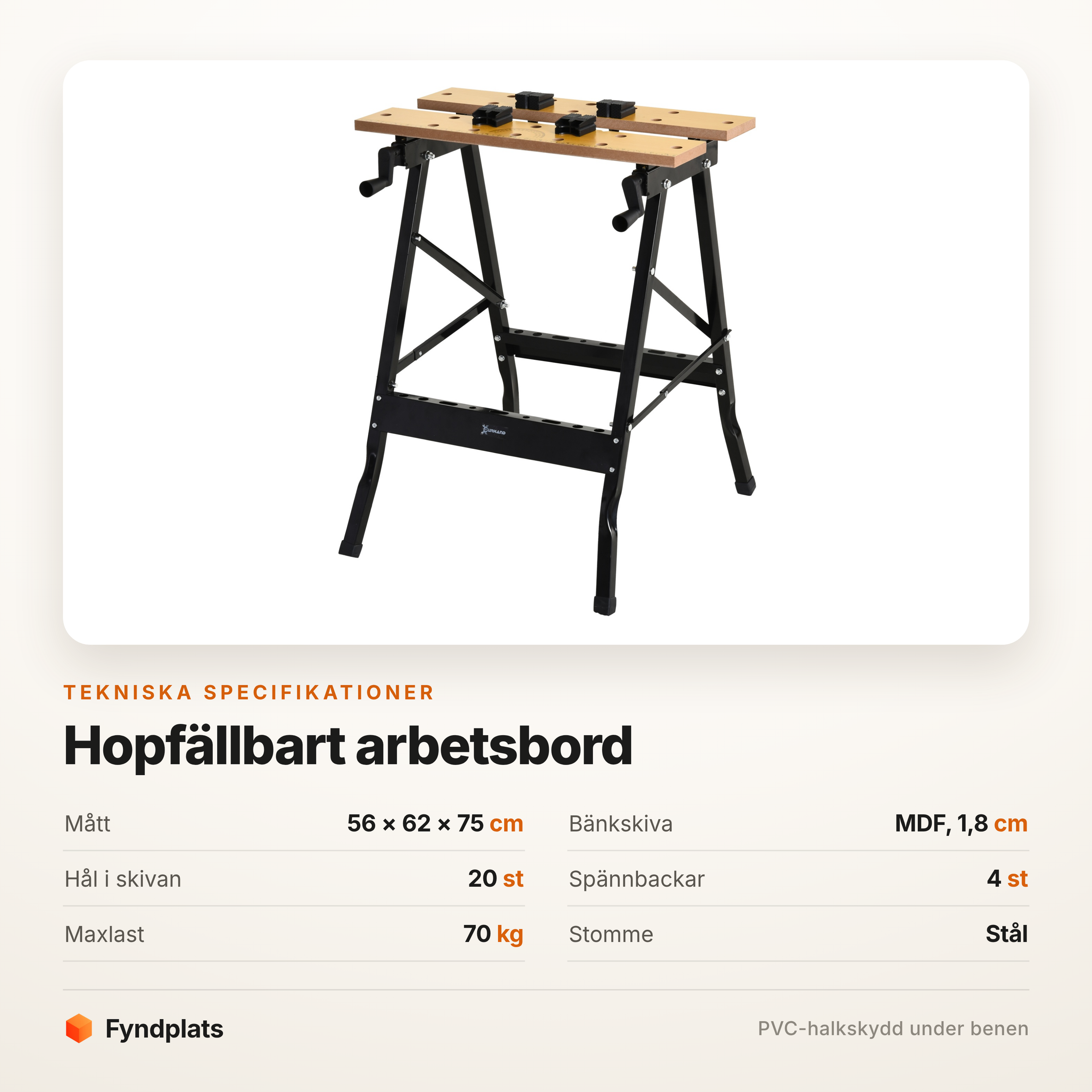 Fyndplats spec-kort för arbetsbordet: 56 × 62 × 75 cm, MDF-skiva 1,8 cm, 20 hål och 70 kg maxlast