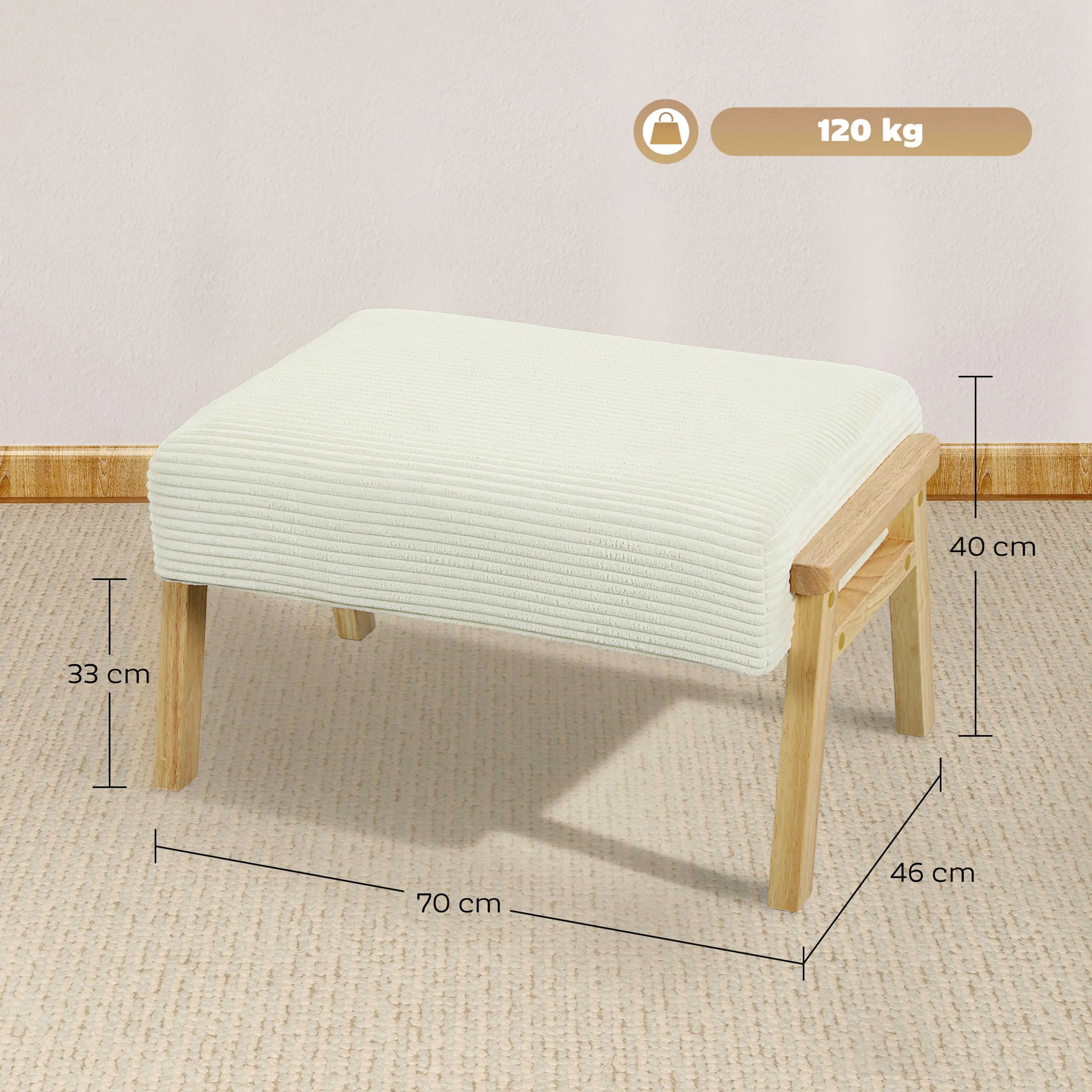 Måttbild: pallen är 70 × 46 × 40 cm och bär 120 kg
