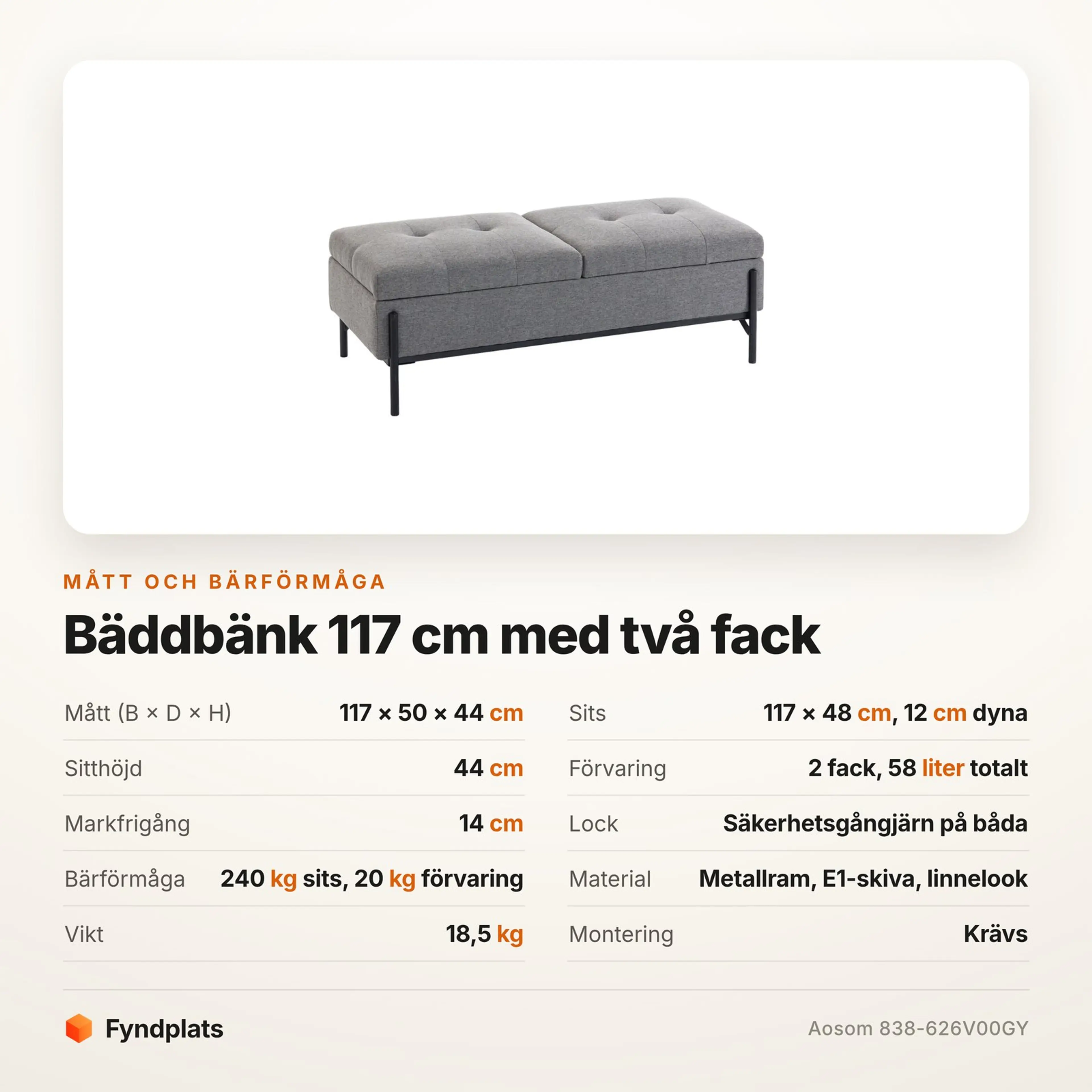 Fyndplats specifikationskort för bäddbänken med mått och bärförmåga