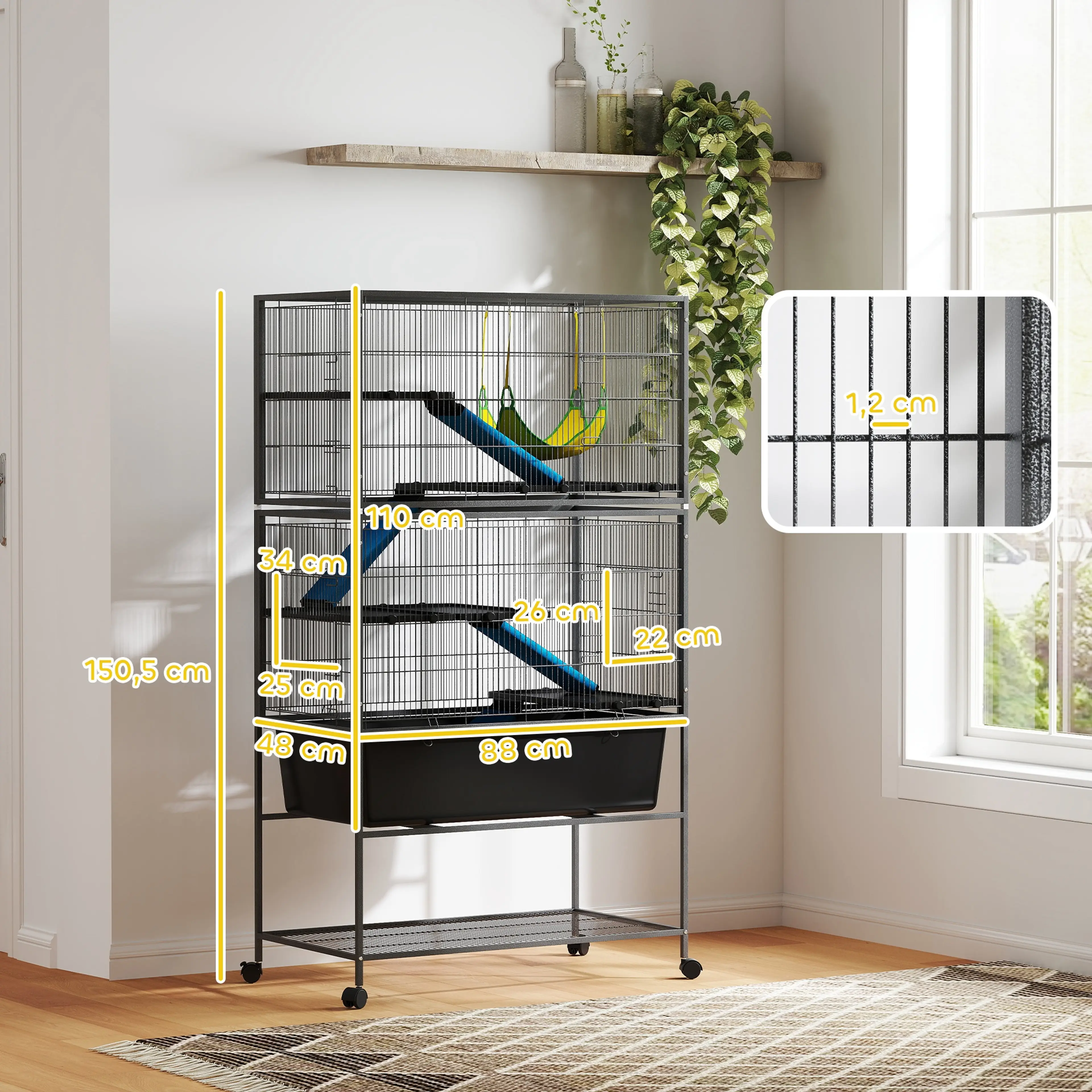 Måttritning: 88 × 48 × 150,5 cm, burdel 110 cm och 1,2 cm gallerdelning