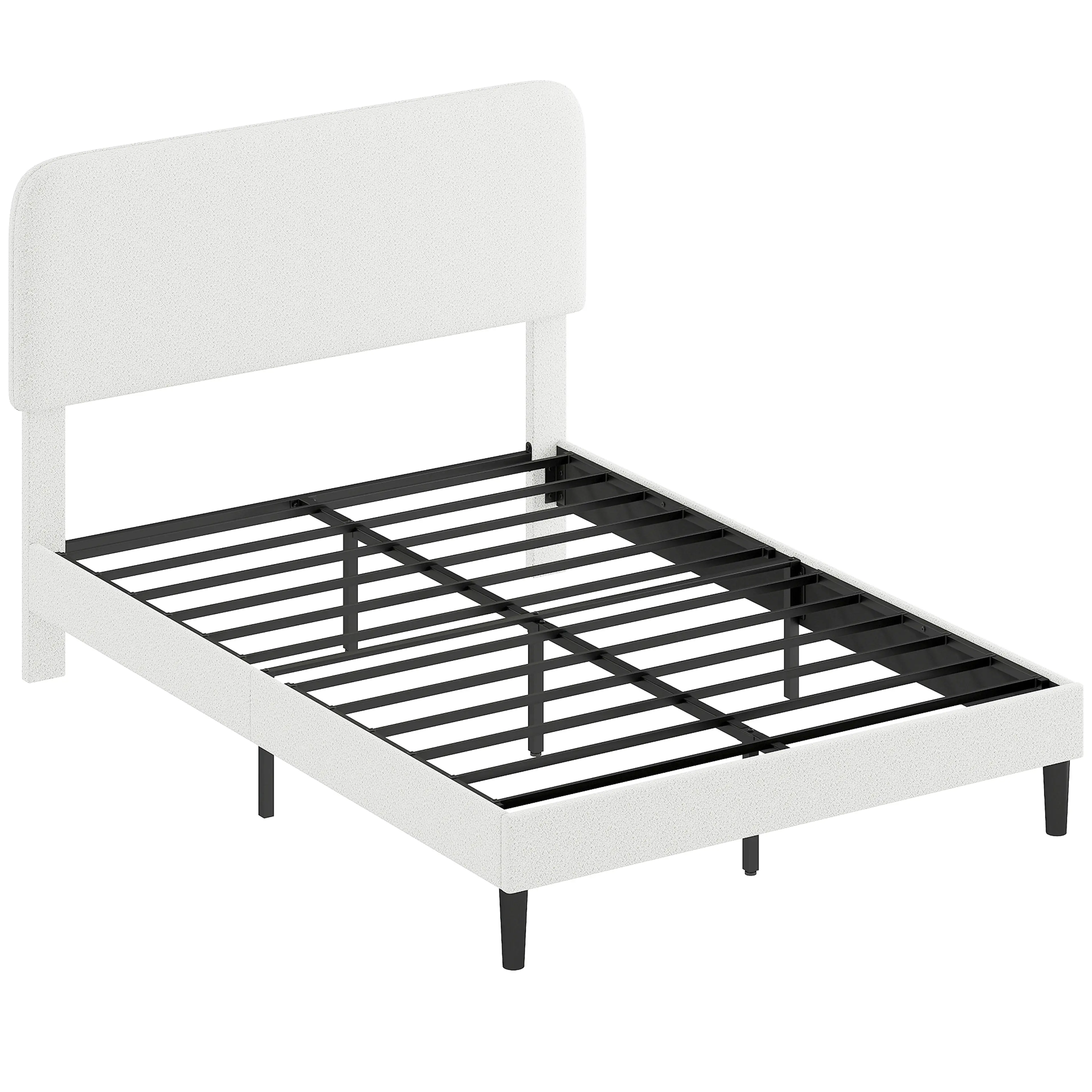 Stoppad sängram 140x200 i vit teddyfleece med rundad gavel