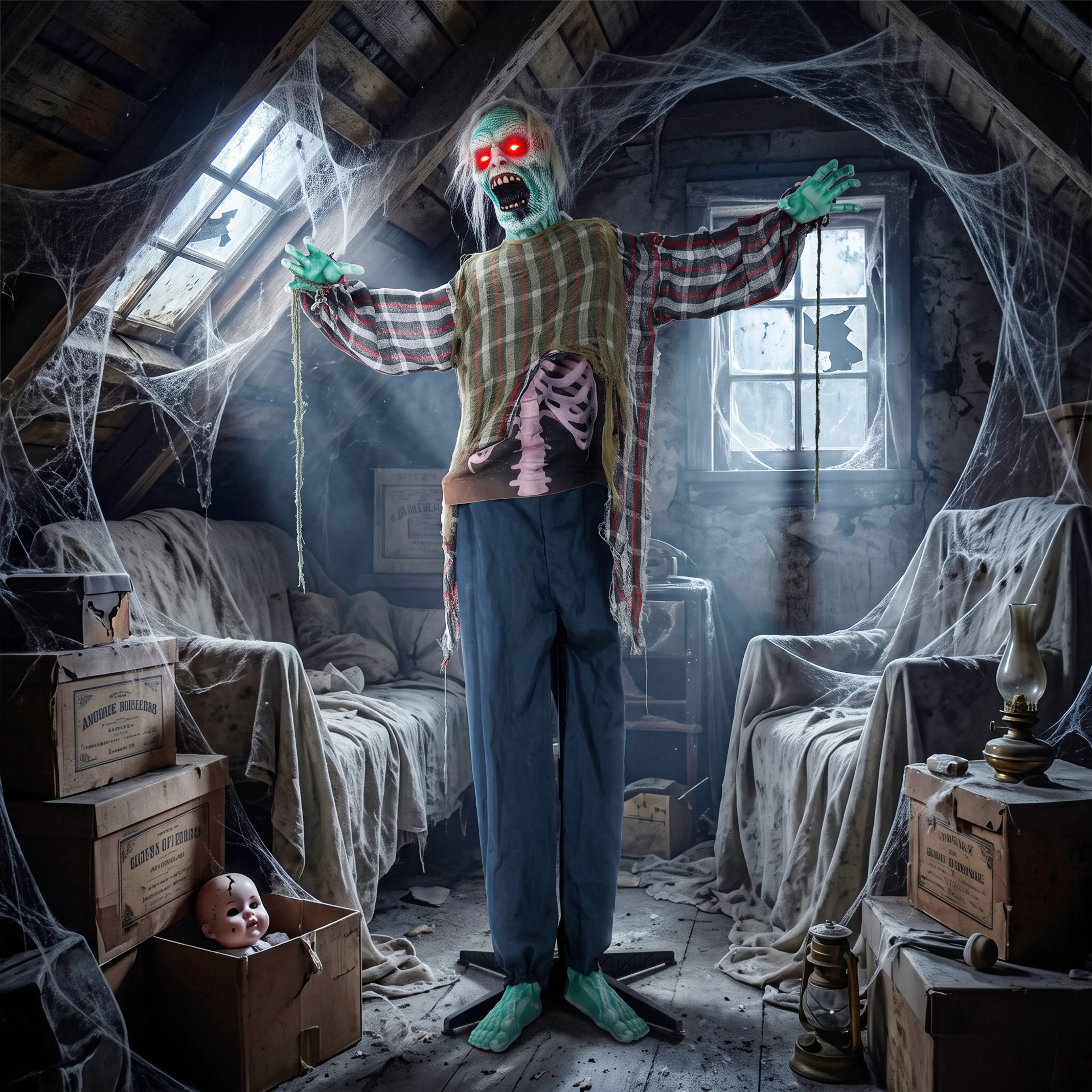 Animerad halloweenzombie 170 cm med ljud och röda LED-ögon – bild 4