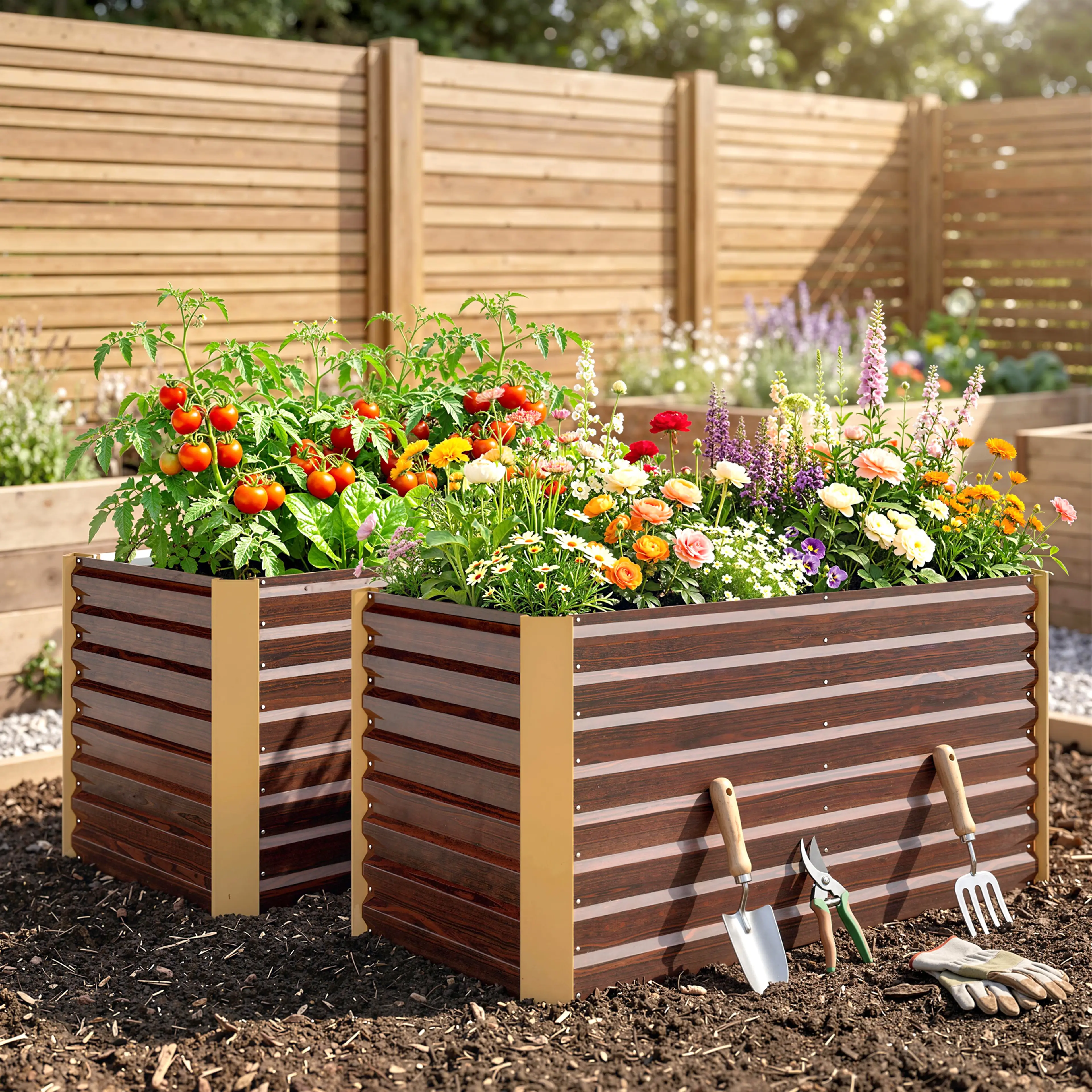 De två odlingslådorna planterade med grönsaker och blommor i en trädgård