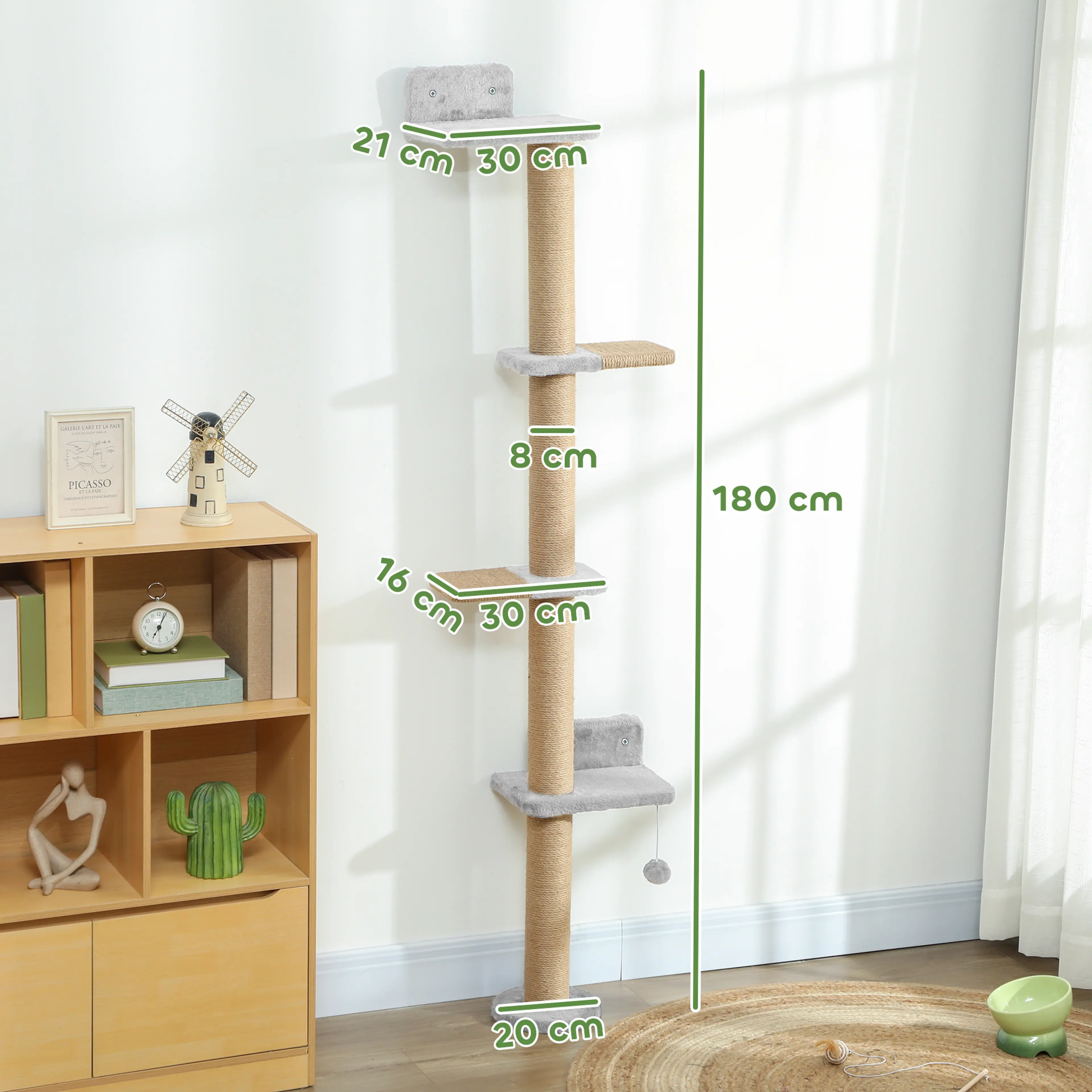 Måttskiss för klösträdet: 180 cm högt med plattformar på 30 × 21 och 30 × 16 cm