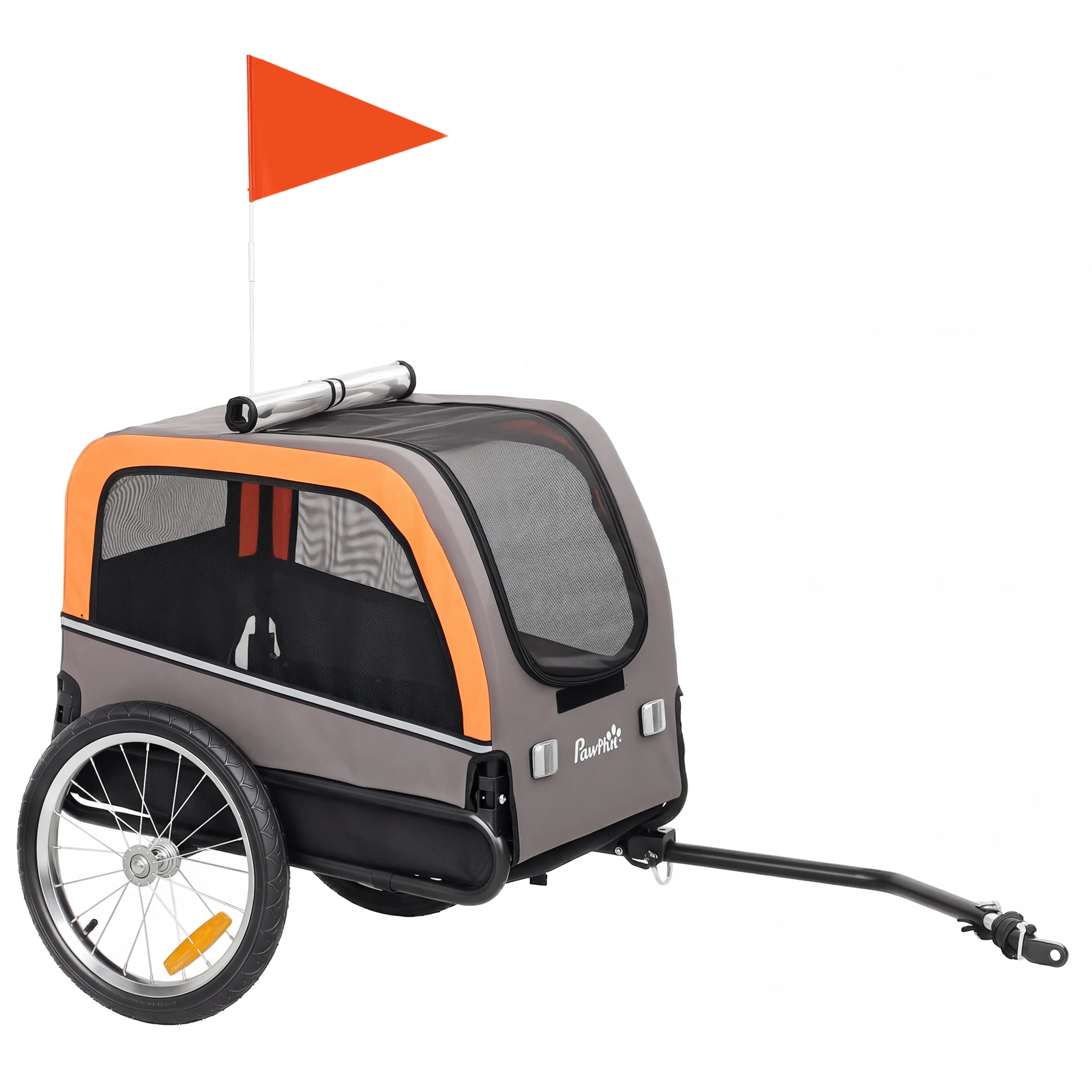 Hopfällbar cykelkärra för hund i grått och orange med svarta nätfönster, en orange flagga, två hjul och en dragstång, mot vit bakgrund