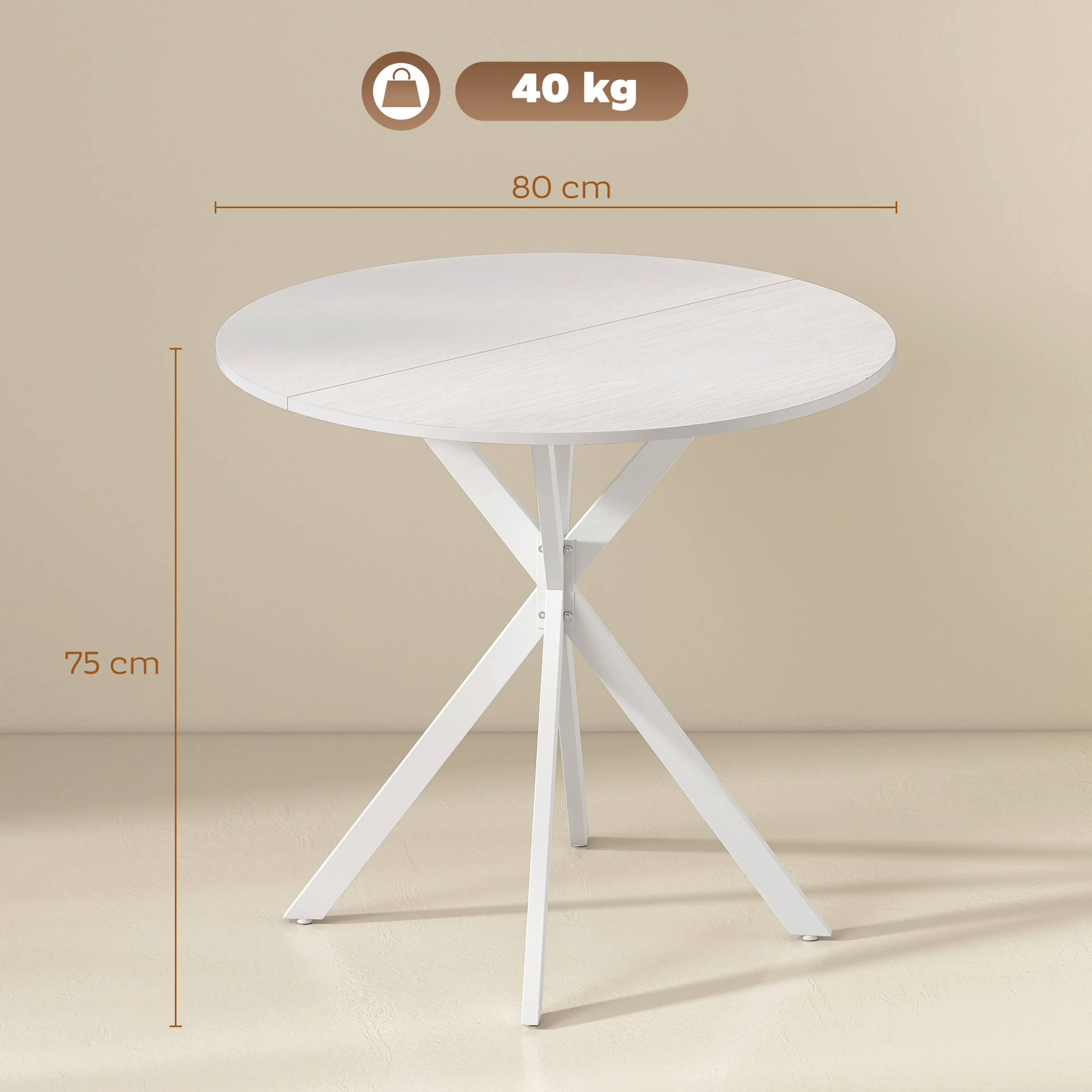 Måttritning för bordet: 80 cm i diameter, 75 cm högt och 40 kg maxlast