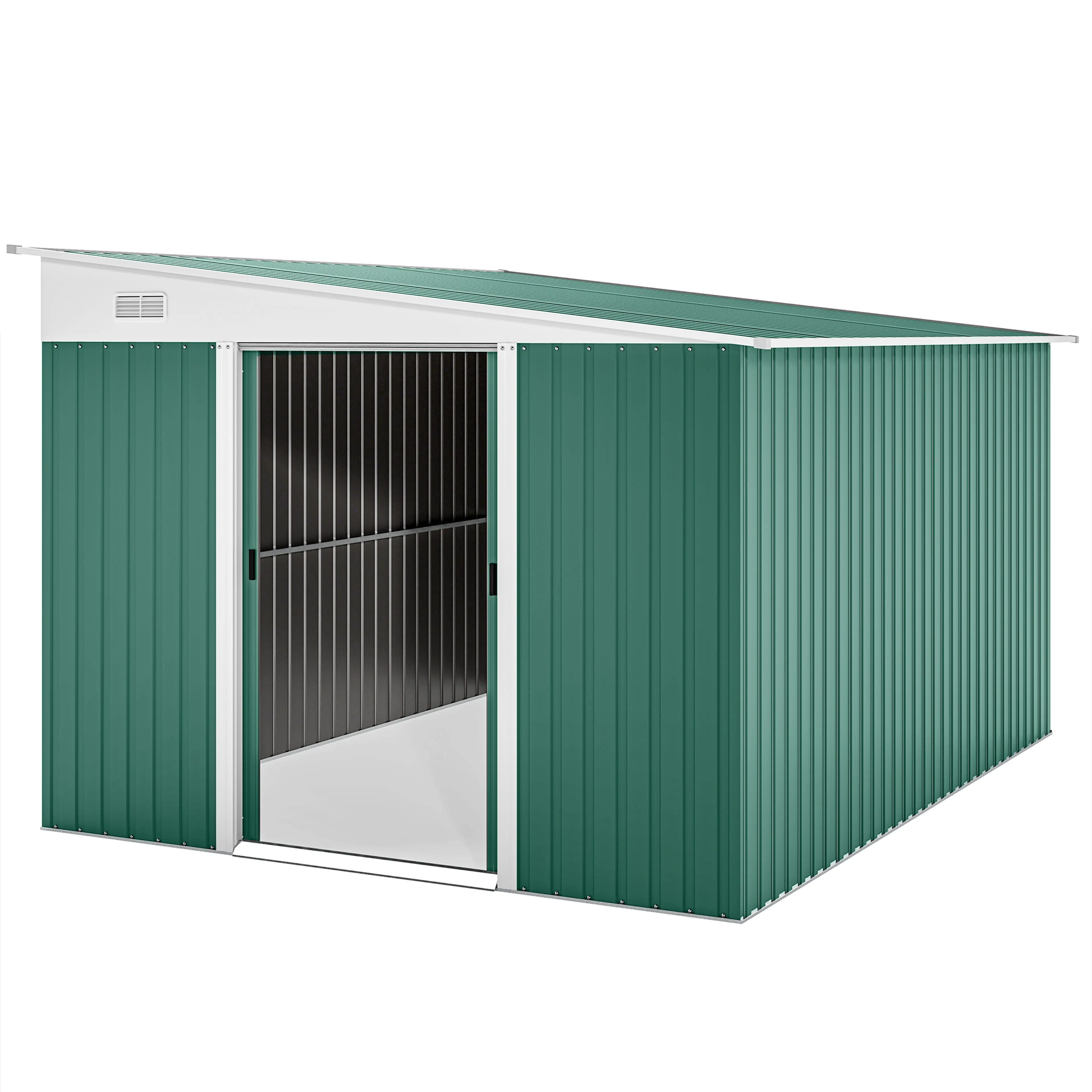 Plåtbod grön 345 × 280 cm – 8,9 m² med dubbla skjutdörrar