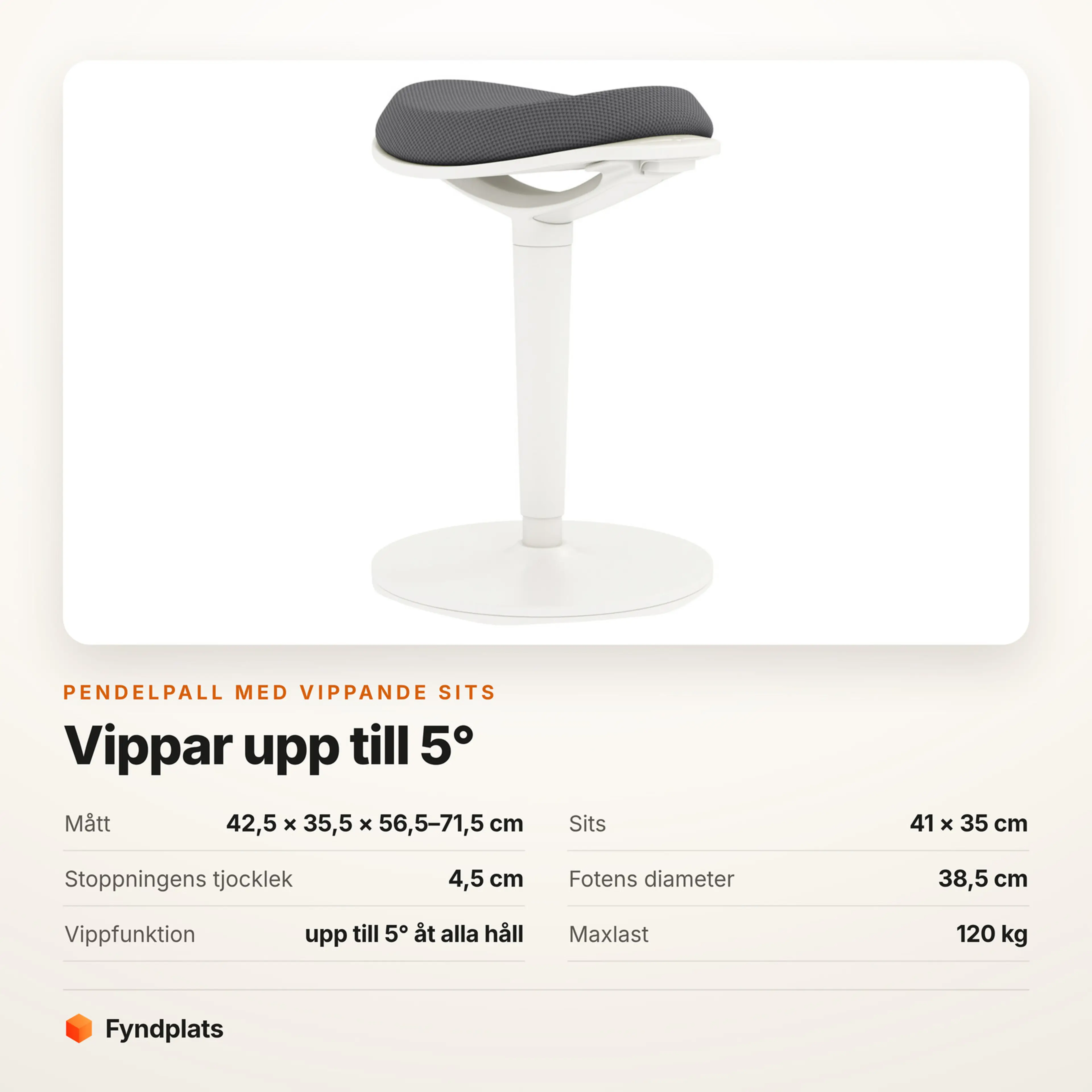 Faktakort från Fyndplats: pendelpall med vippande sits, mått och maxlast
