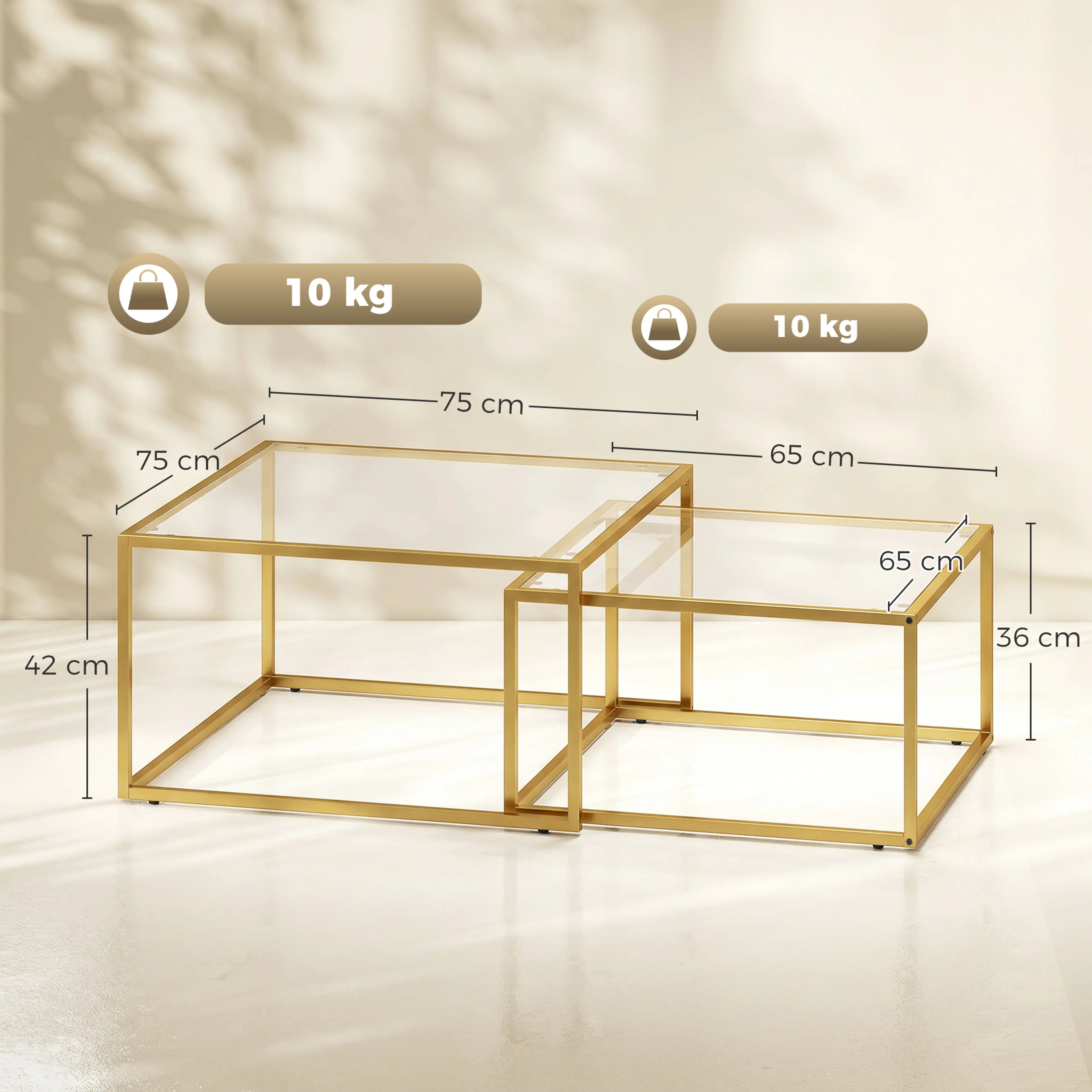 Måttskiss för satsborden: 75 × 75 × 42 cm respektive 65 × 65 × 36 cm