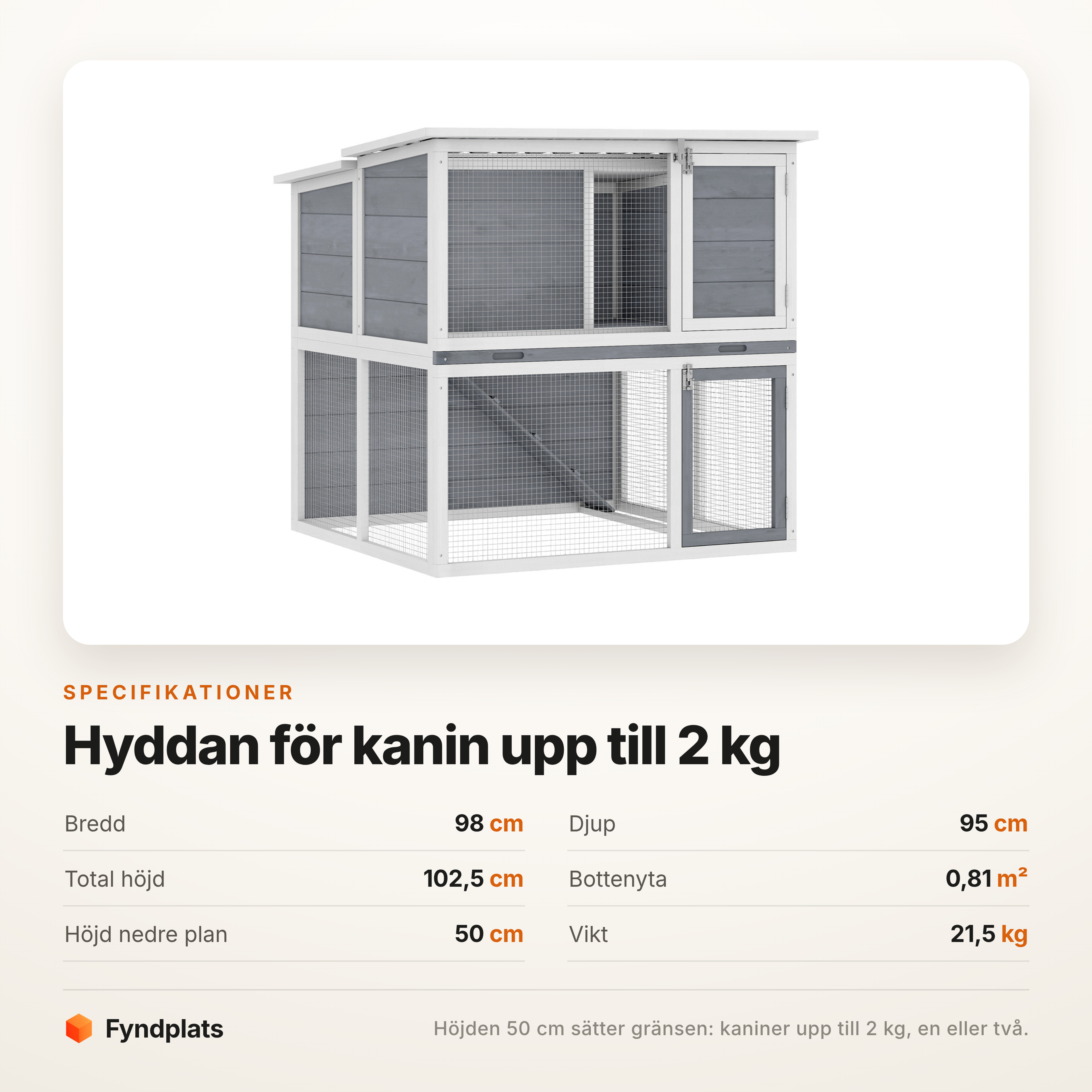 Specifikationer: 98 × 95 × 102,5 cm, 0,81 m² bottenyta och 50 cm höjd på nedre planet