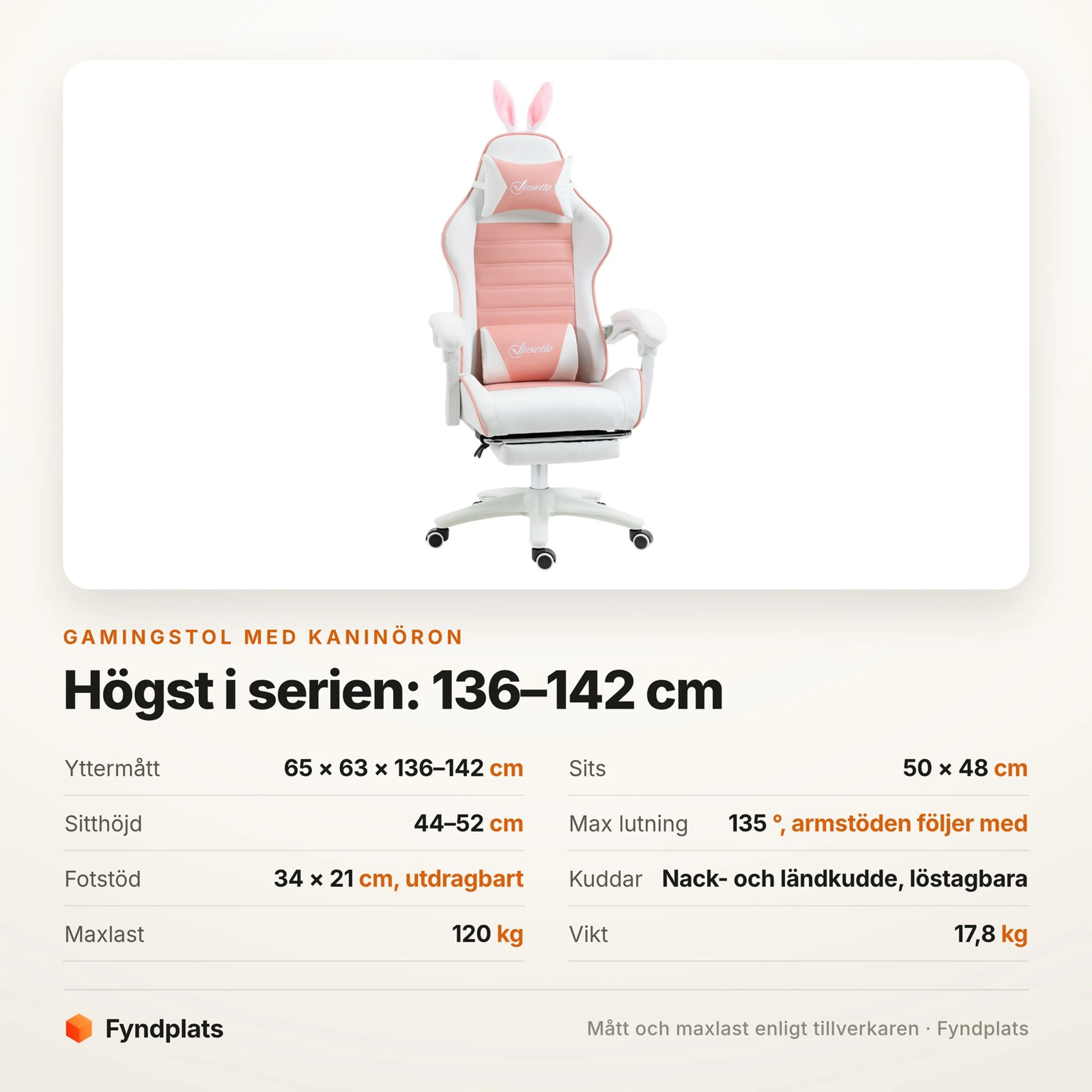 Spec-kort för gamingstolen: rygg 136–142 cm, sitthöjd 44–52 cm, 135° lutning och 120 kg maxlast