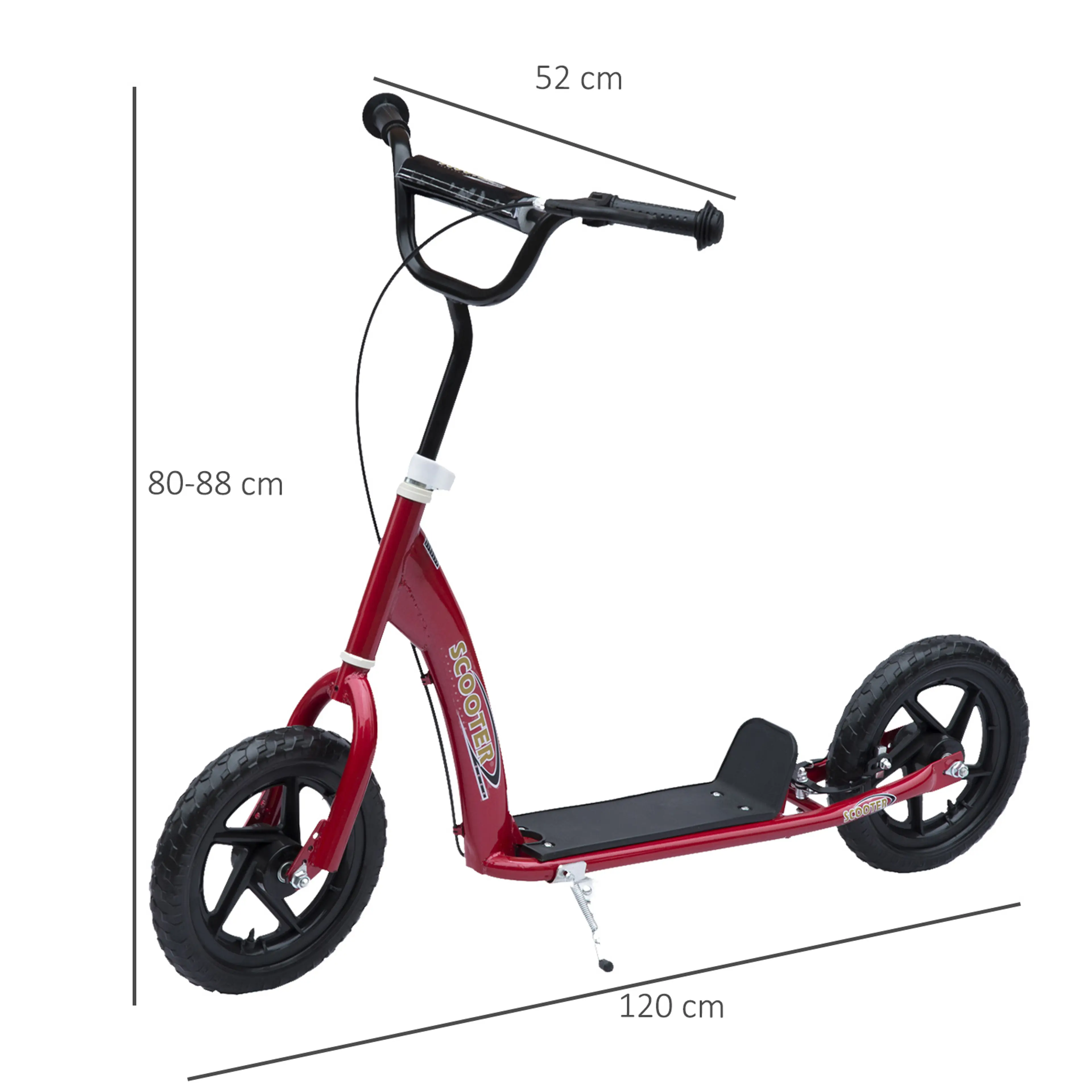 Måttritning för vinröd sparkcykel: 120 × 52 cm och styre 80–88 cm