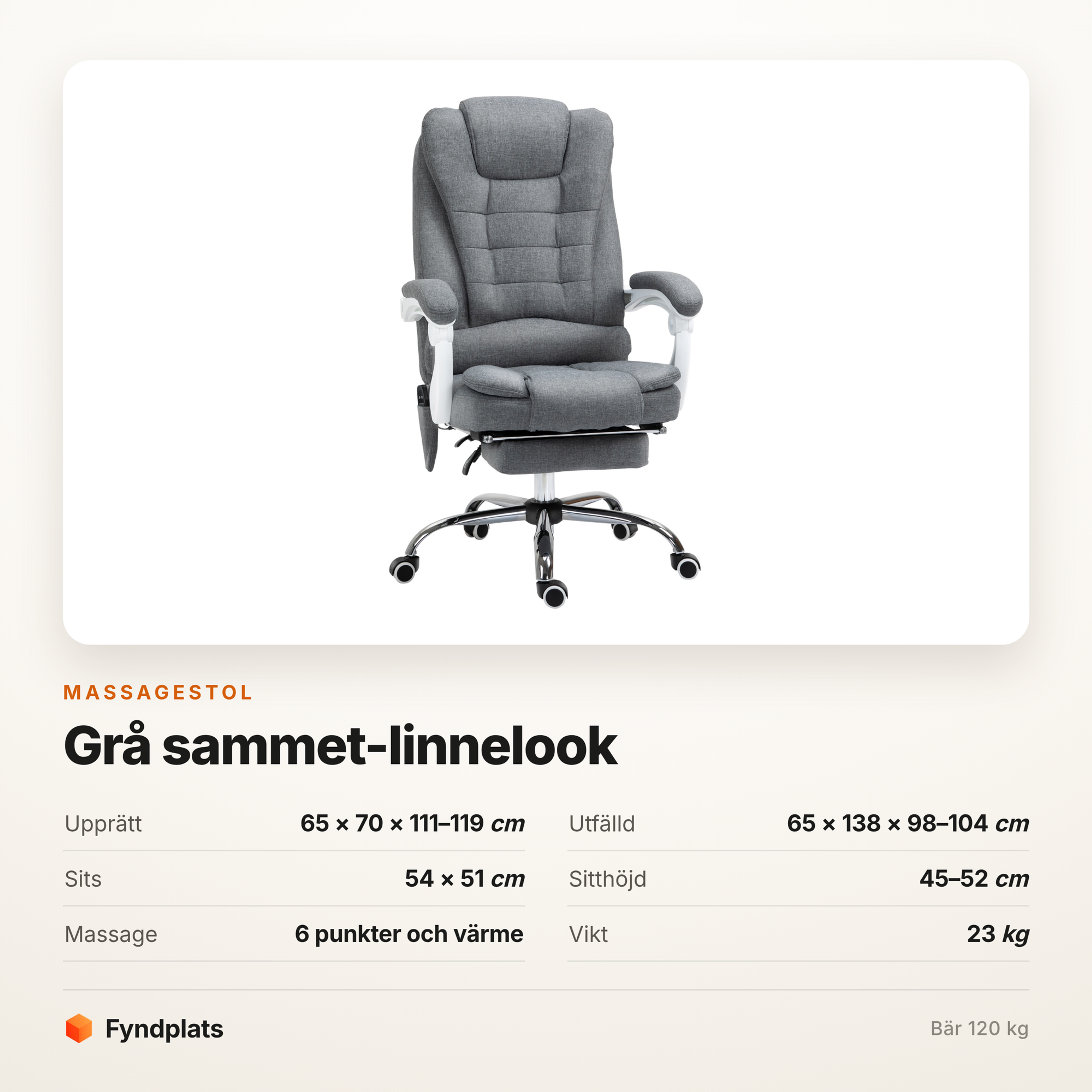 Massagestol grå i sammet-linnelook – sex punkter med värme, 138 cm utfälld – bild 5