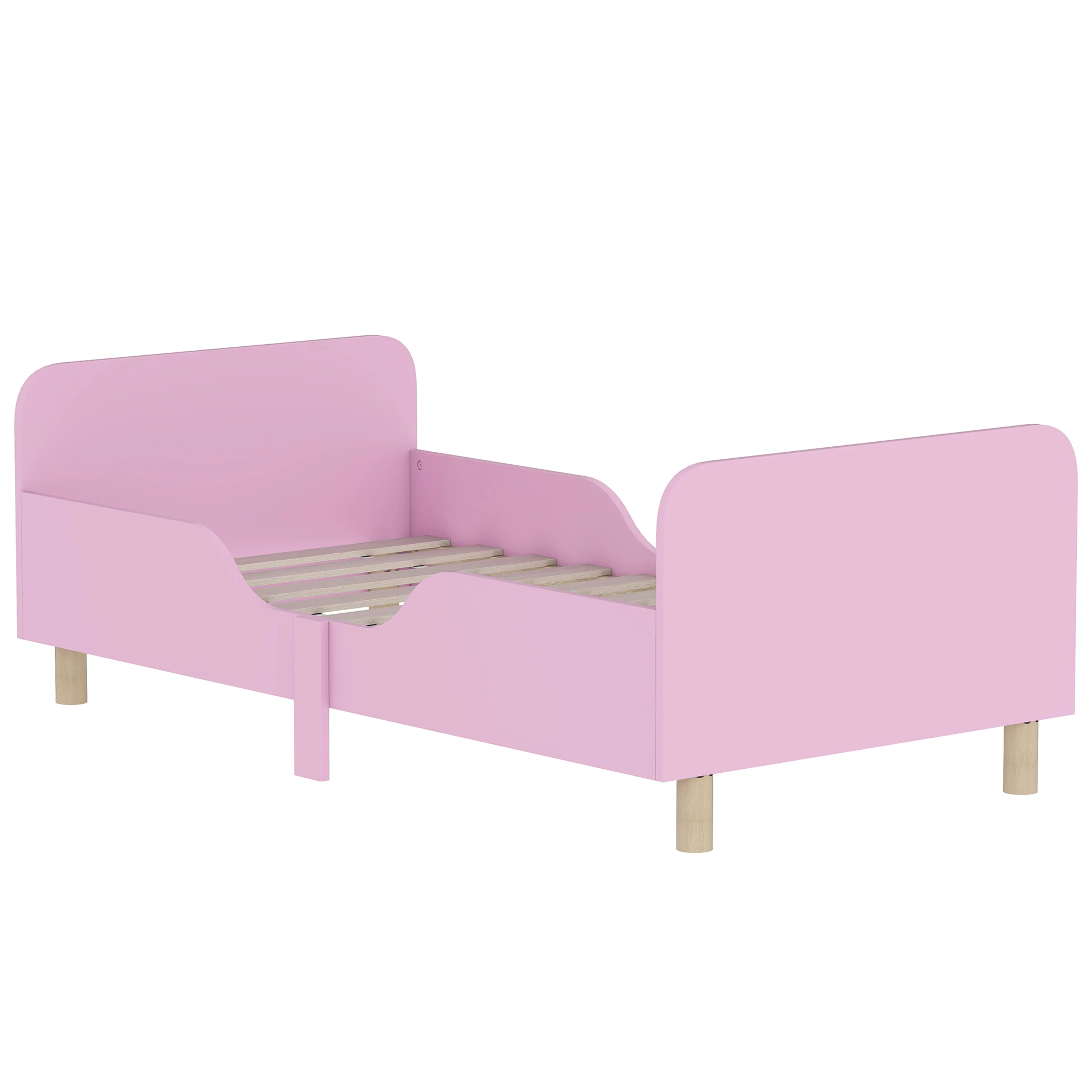 Rosa juniorsäng 140x70 med skyddsribbor och ben i naturträ