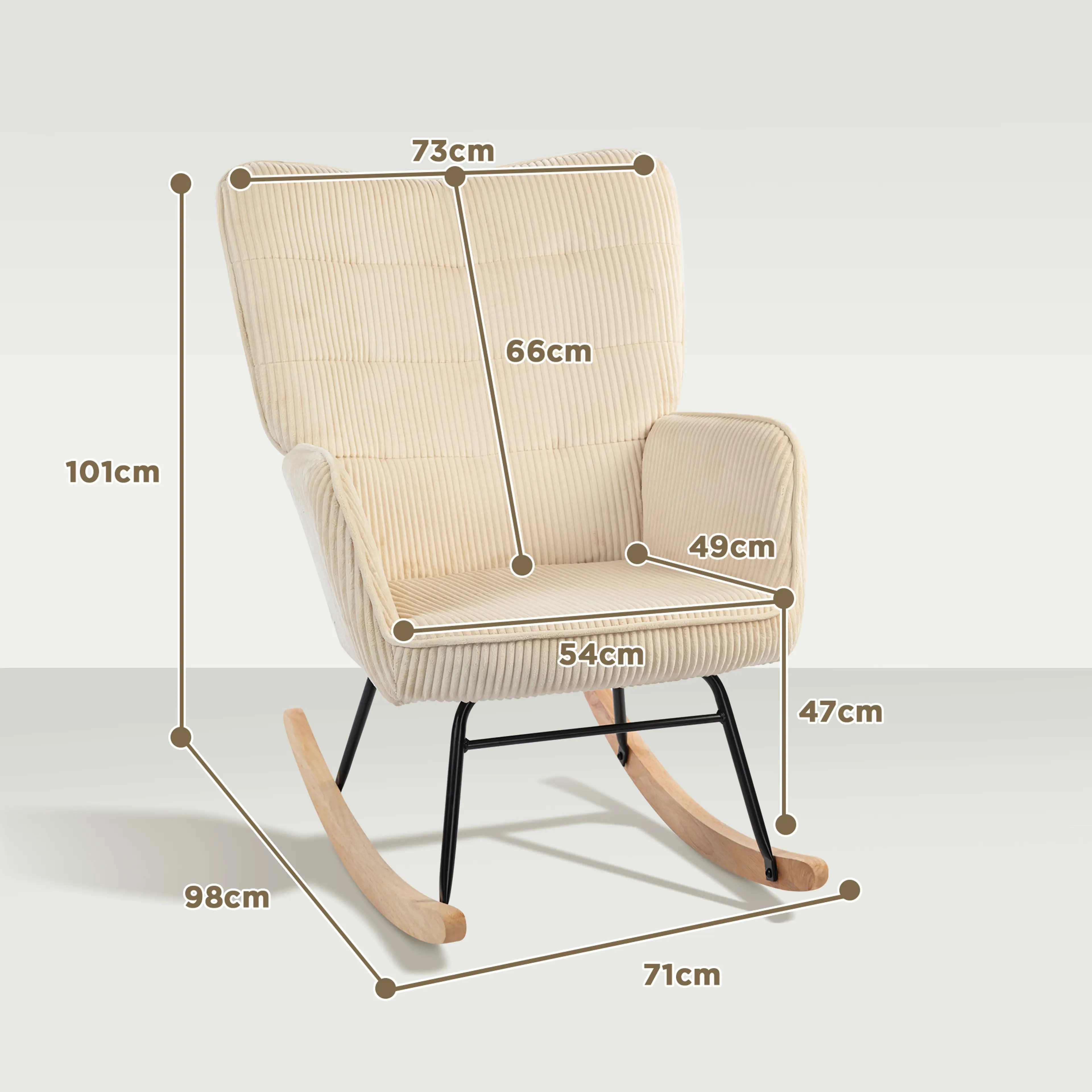 Måttskiss: 98 × 71 cm golvyta, 101 cm höjd, rygg 73 × 66 cm