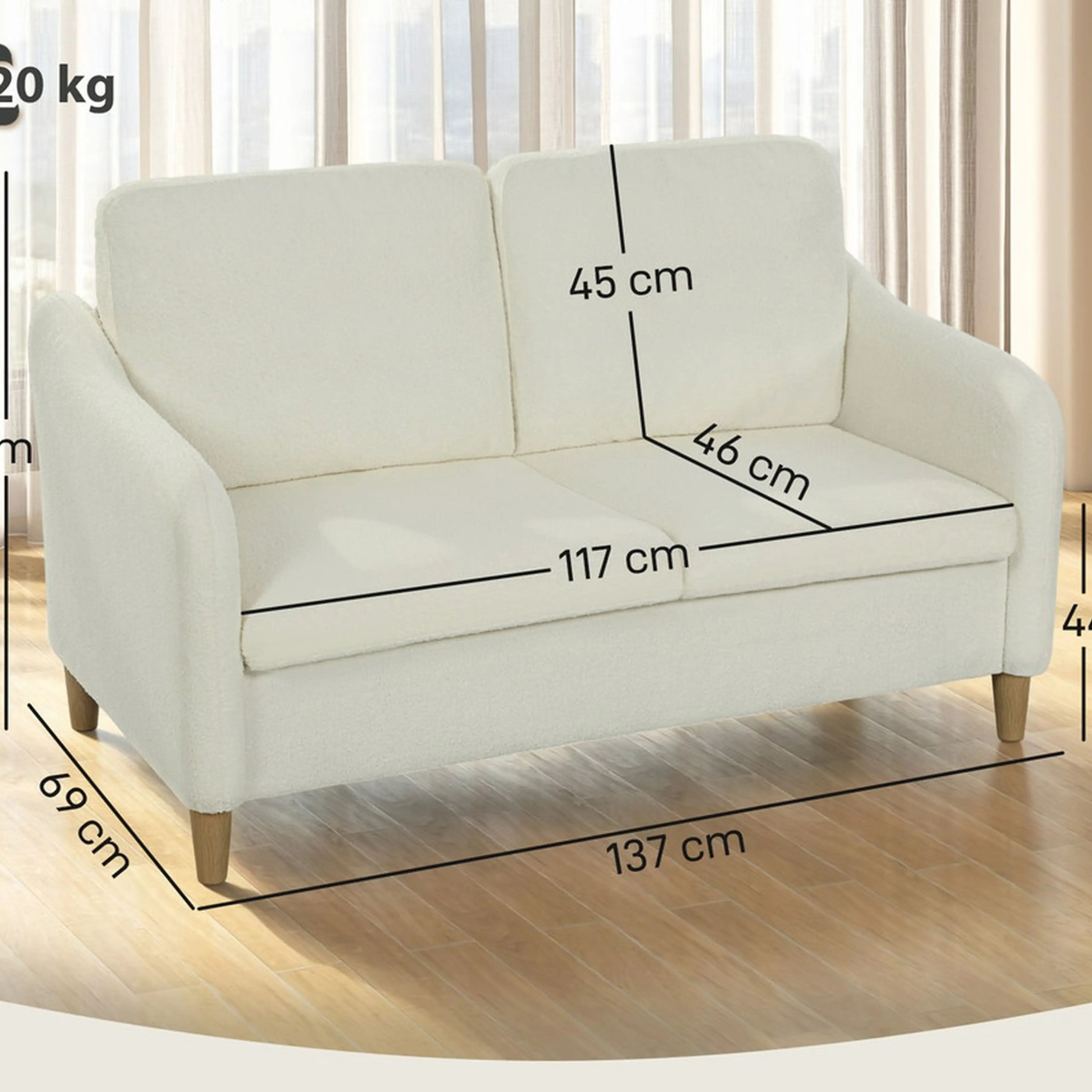 Måttskiss över soffan: 137 cm bred, 69 cm djup, 82 cm hög och maxlast 220 kg