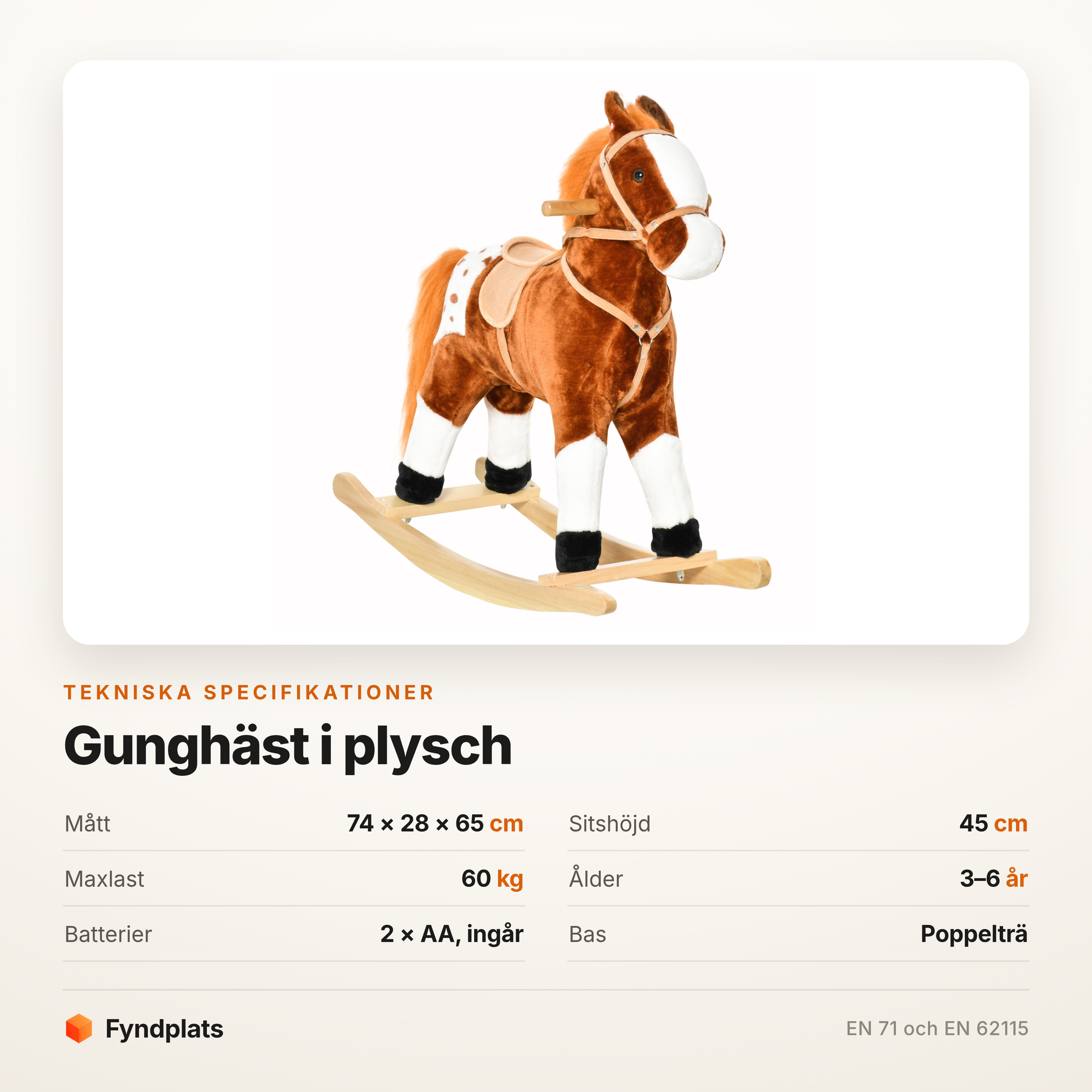 Fyndplats spec-kort för gunghästen: 74 × 28 × 65 cm, 45 cm sitshöjd, 60 kg maxlast och ålder 3–6 år