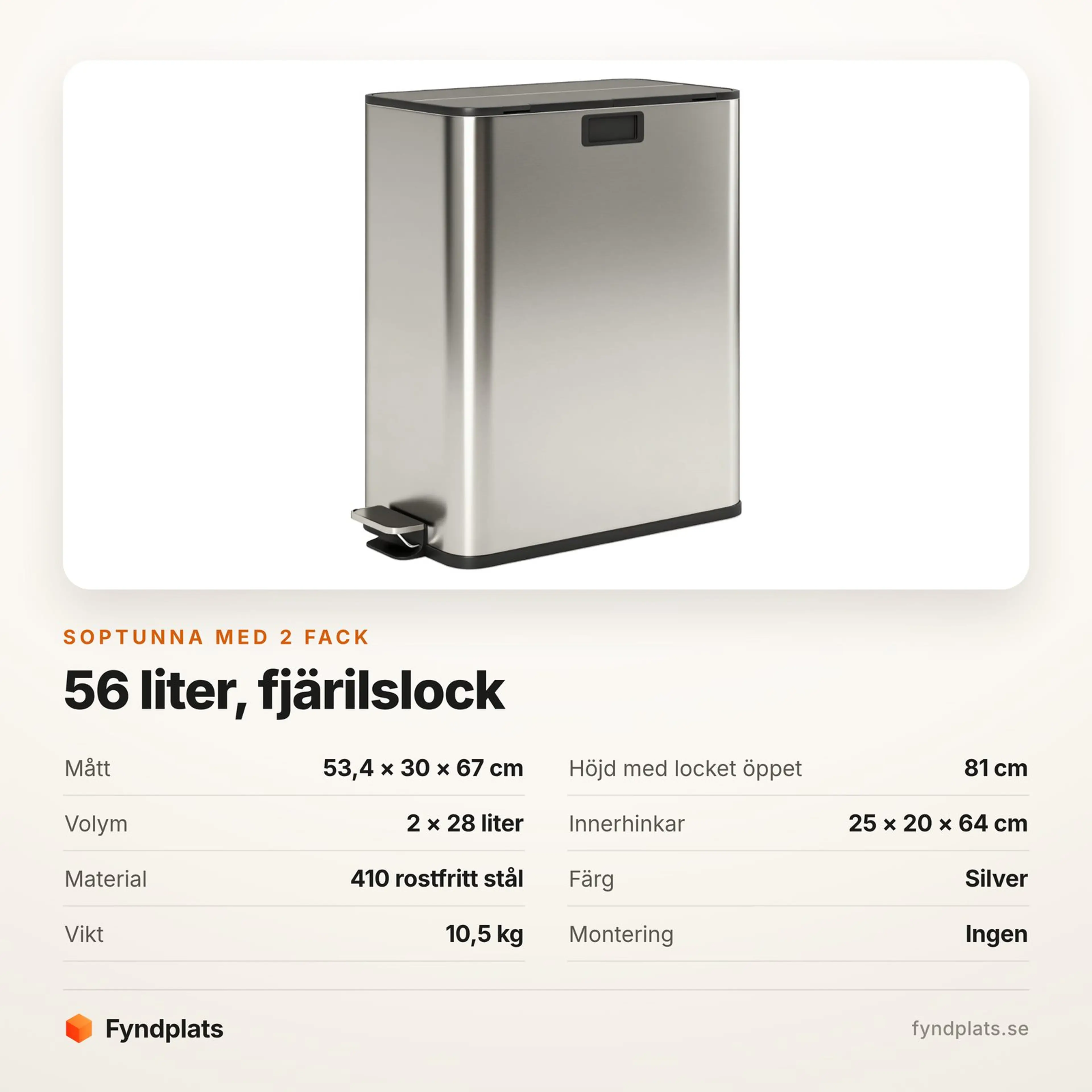 Spec-kort med mått, fackvolym och innerhinkarnas mått för tvåfackstunnan