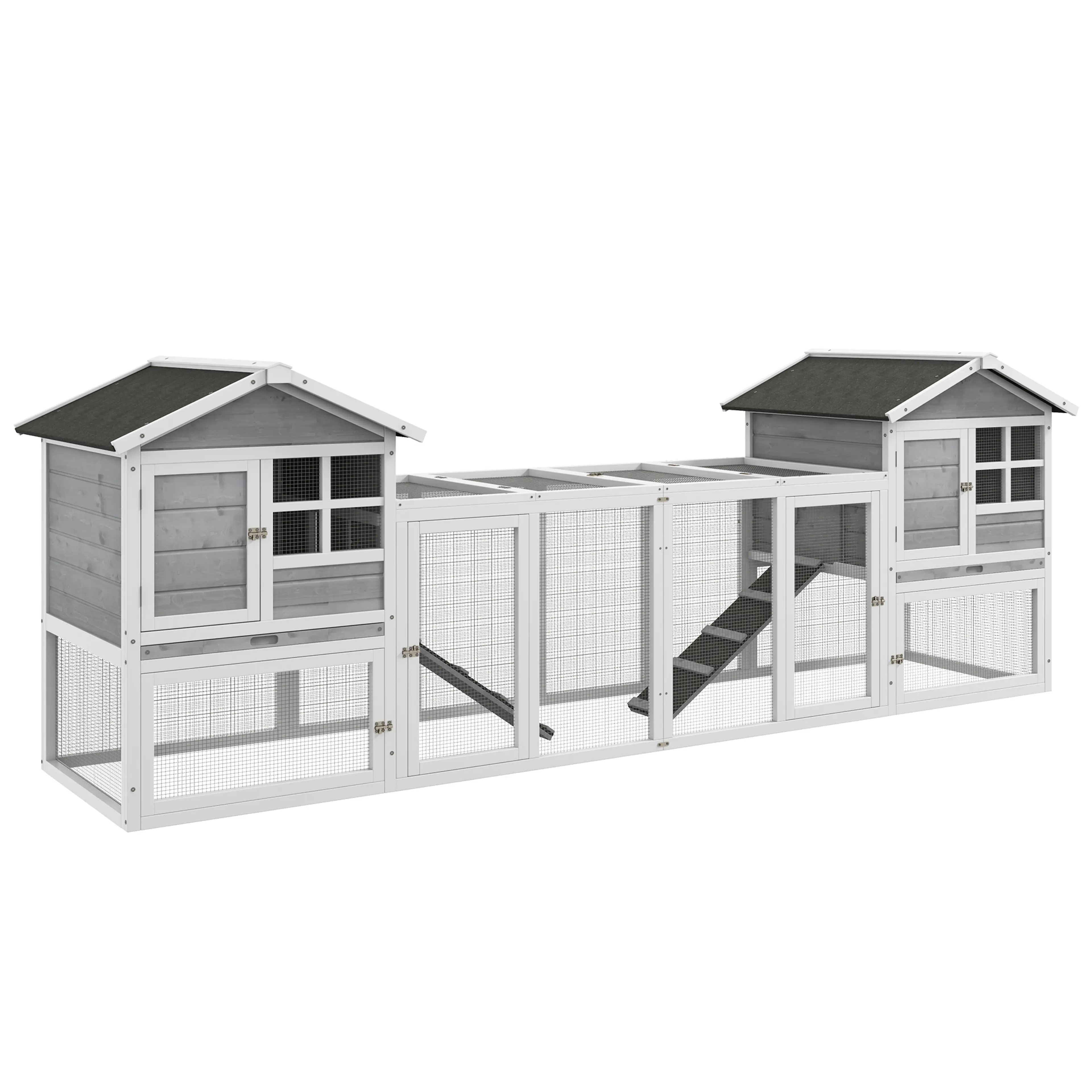 Marsvinsstall för utomhusbruk med två hus och rörelsehage – 259 × 64 × 92 cm