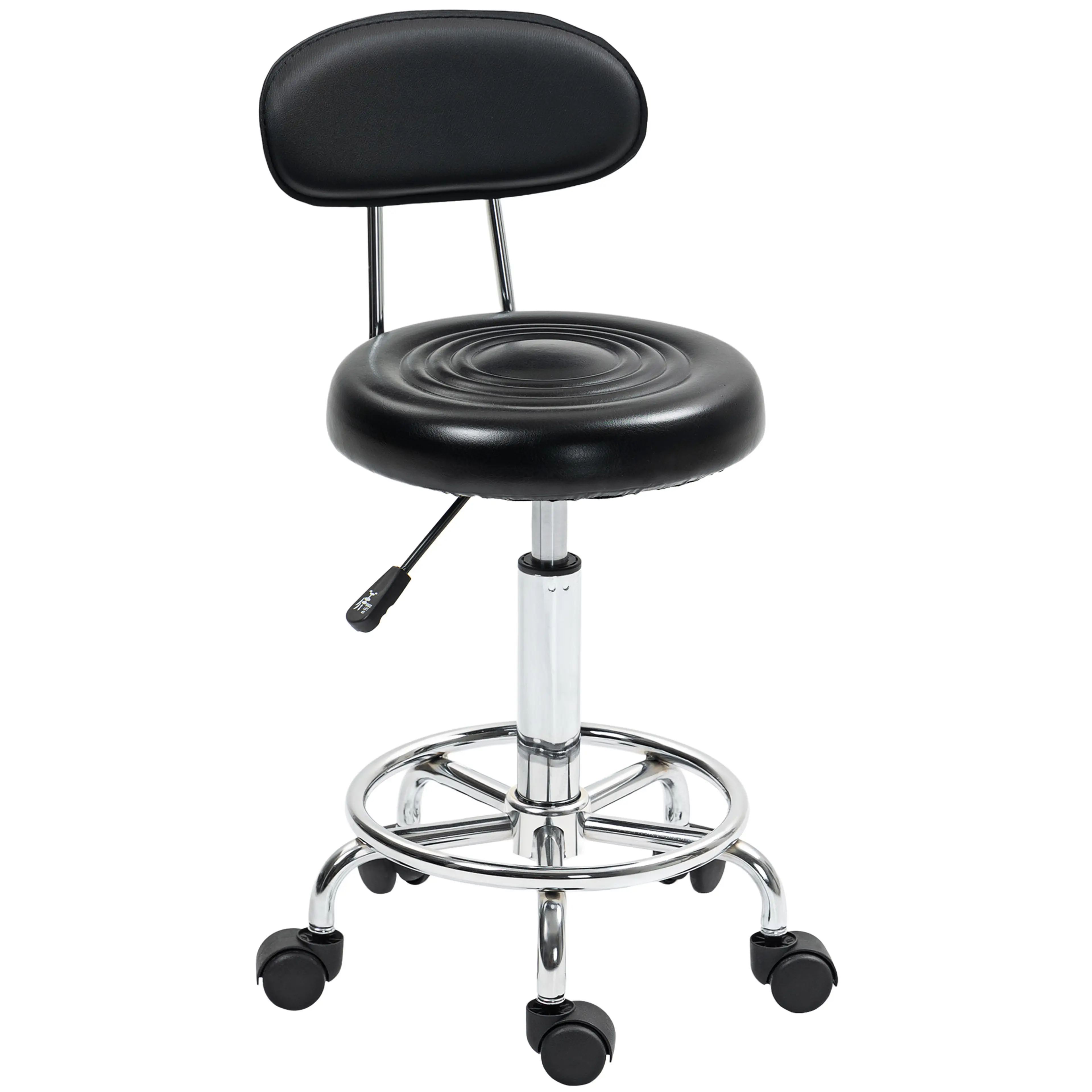 Rullpall i svart konstläder med oval rygg på fjäderstam, fotring och femarmad fot på hjul