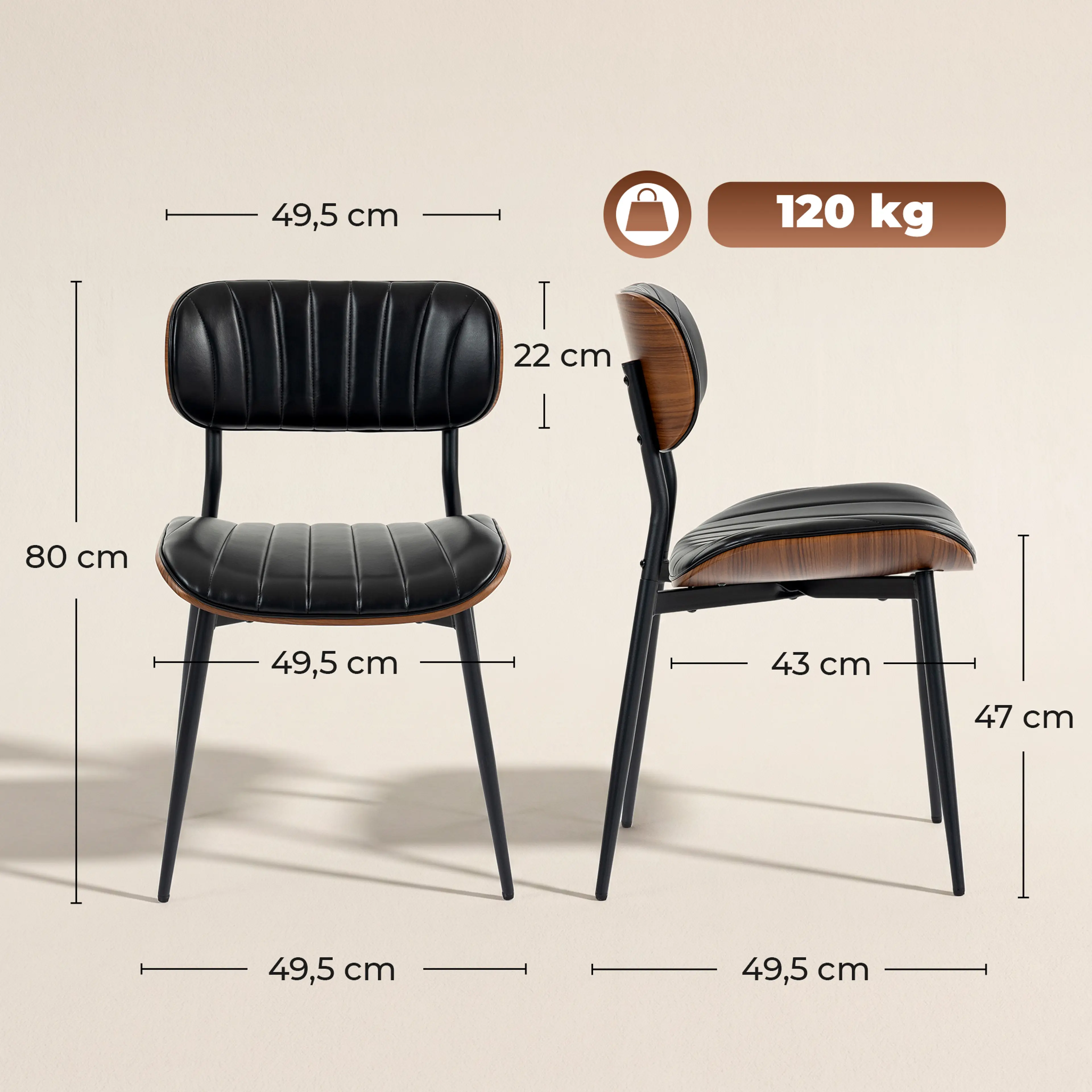 Måttritning över matstolen: 80 cm hög, 47 cm sitthöjd och 43 cm sittdjup