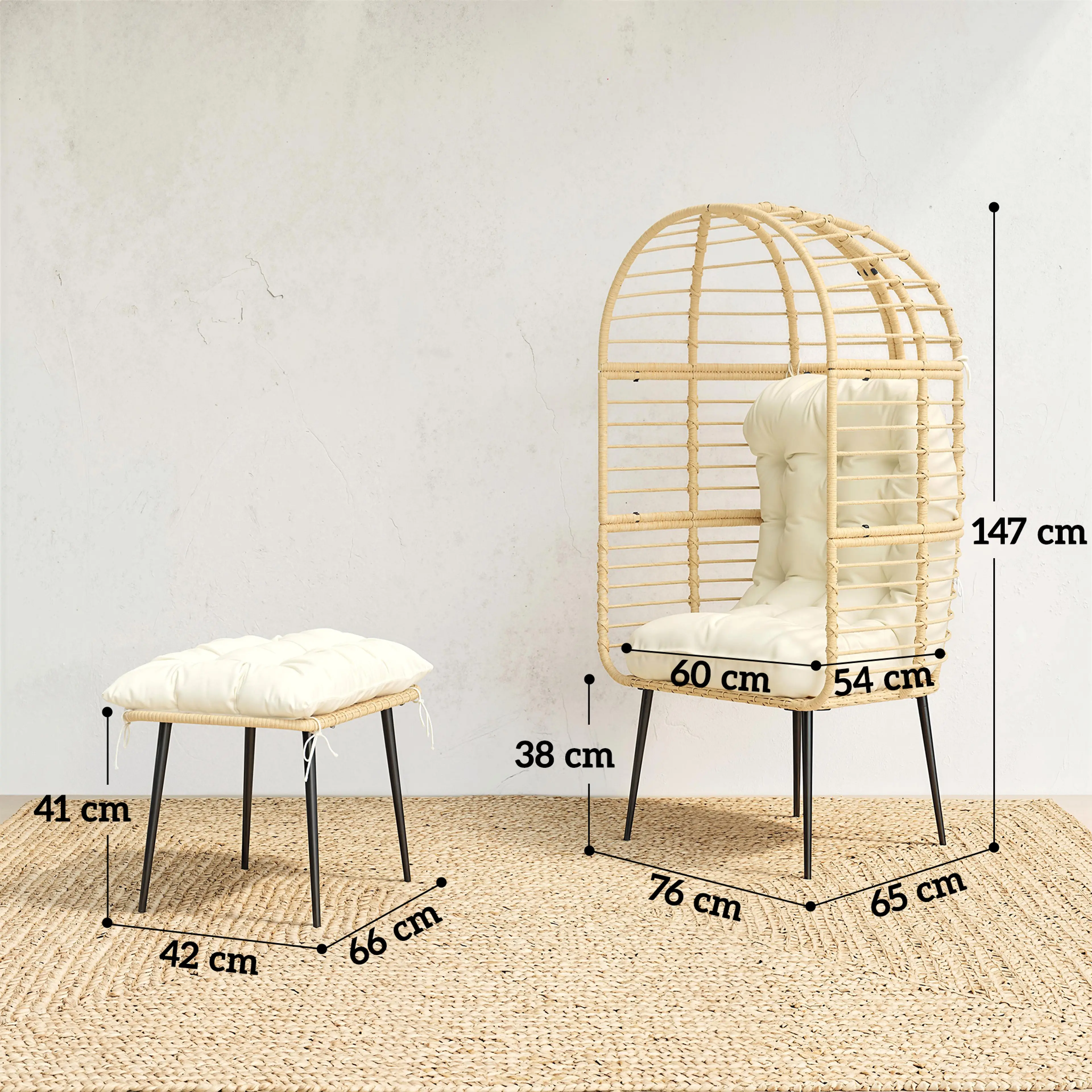 Måttbild med fåtöljens och fotpallens mått i centimeter: 147 i höjd, 76 i bredd, 65 i djup, sitthöjd 38 och fotpallens 66, 42 och 41