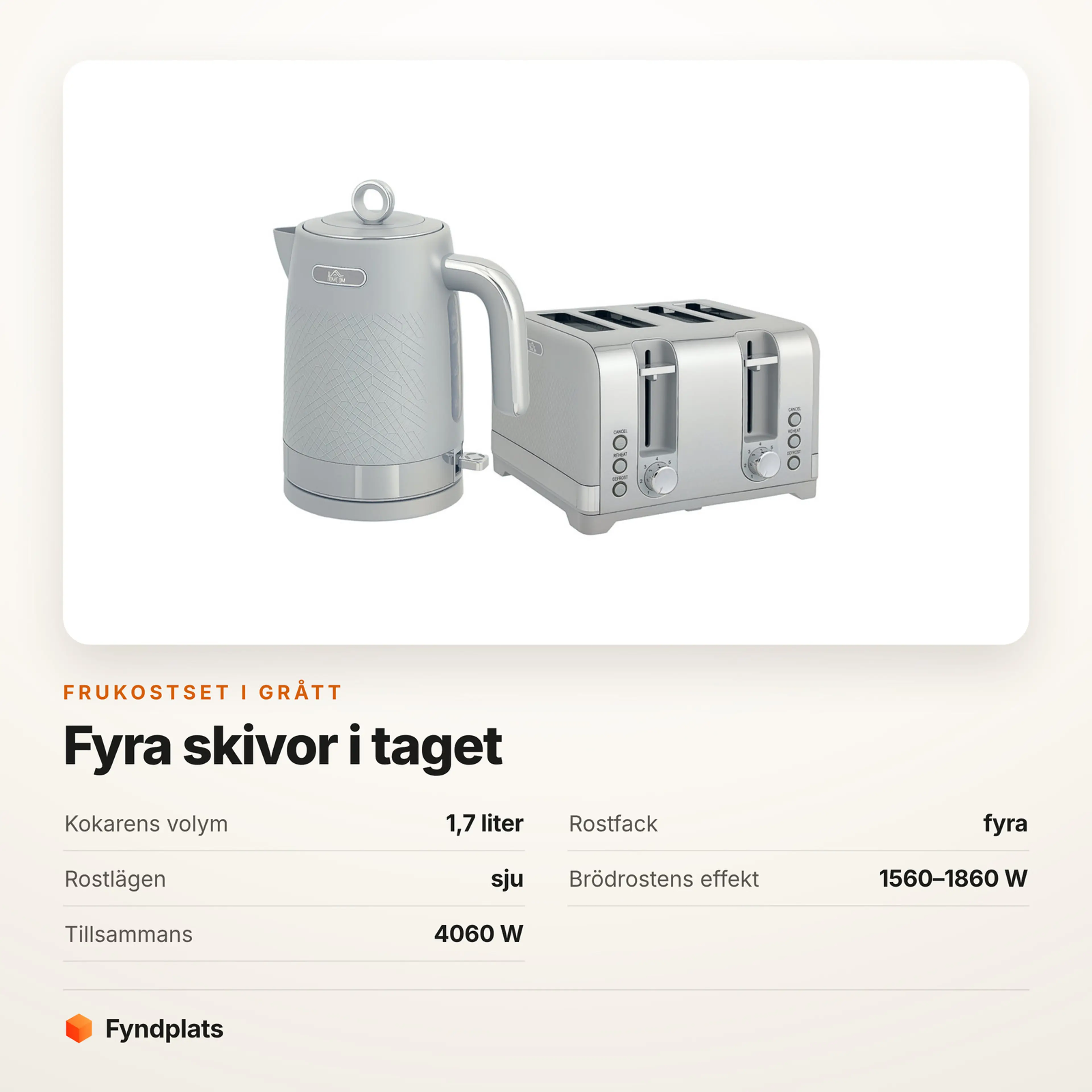 Specifikationer för det grå frukostsetet: 1,7 liter, fyra rostfack, sju rostlägen, brödrost 1560–1860 W och 4060 W tillsammans
