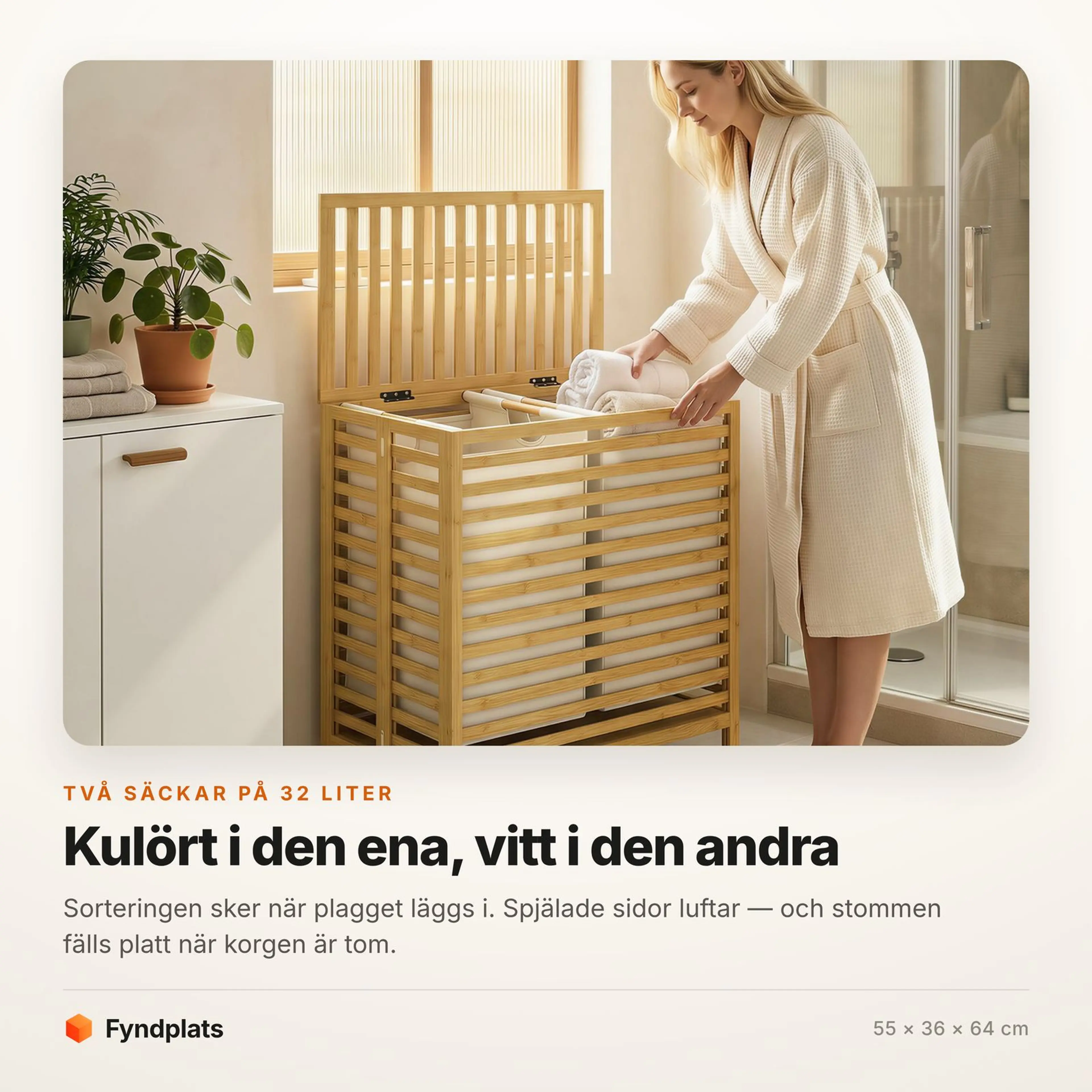 Faktakort: två säckar på 32 liter för kulört och vitt. 55 × 36 × 64 cm
