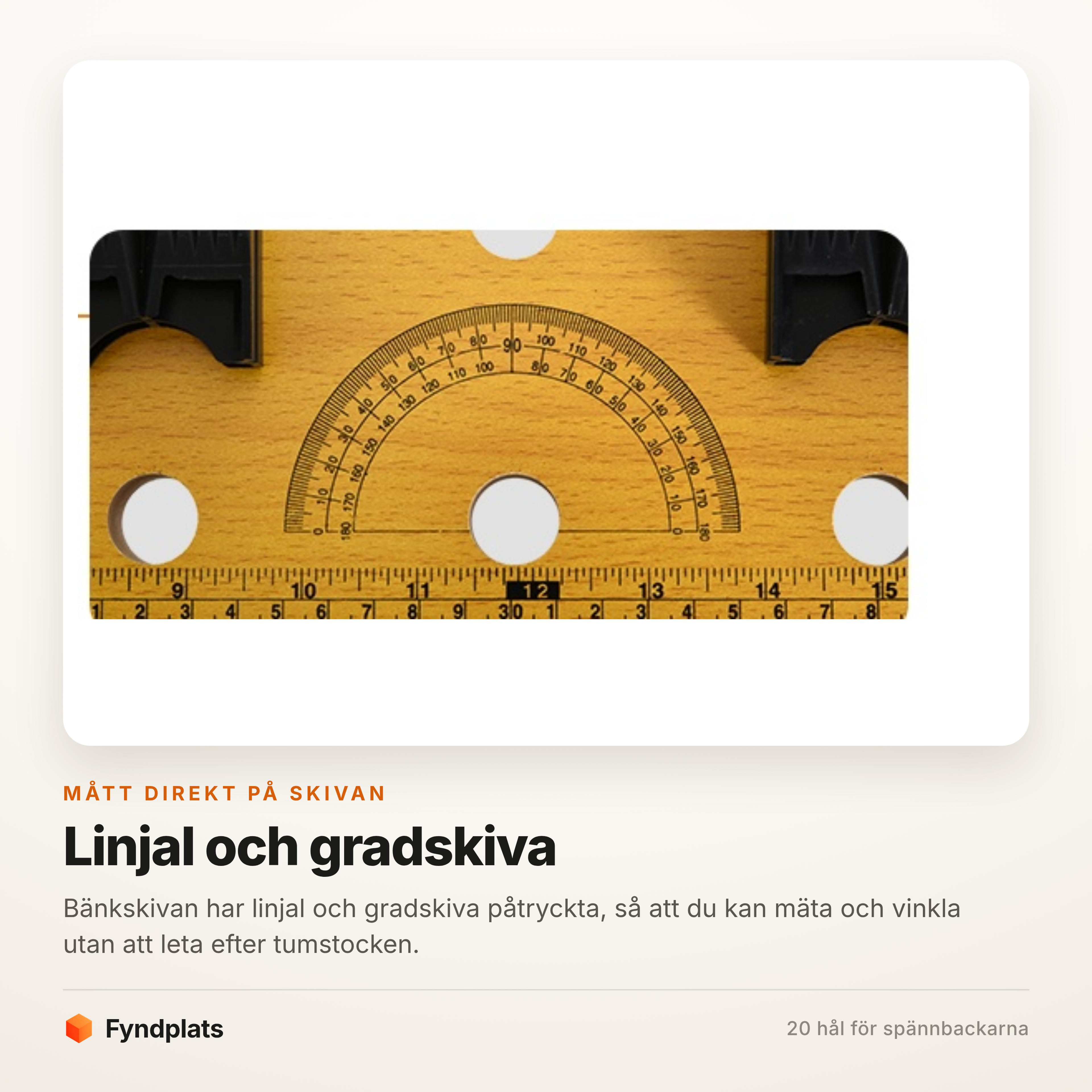 Fyndplats-kort med närbild på linjalen och gradskivan som är påtryckta på bänkskivan