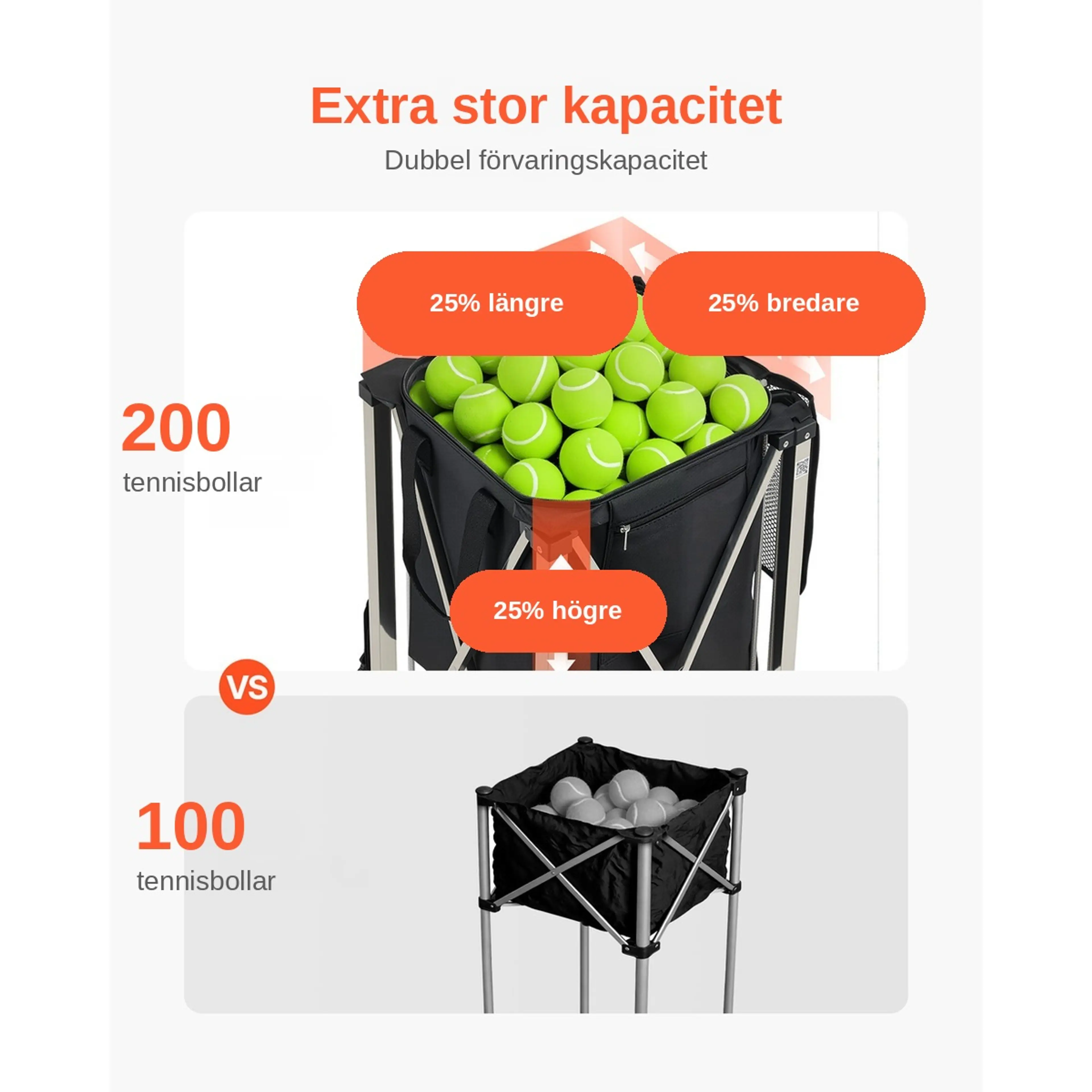 Tennisbollsvagn hopfällbar – bollkorg på hjul i rostfritt stål för 200 bollar