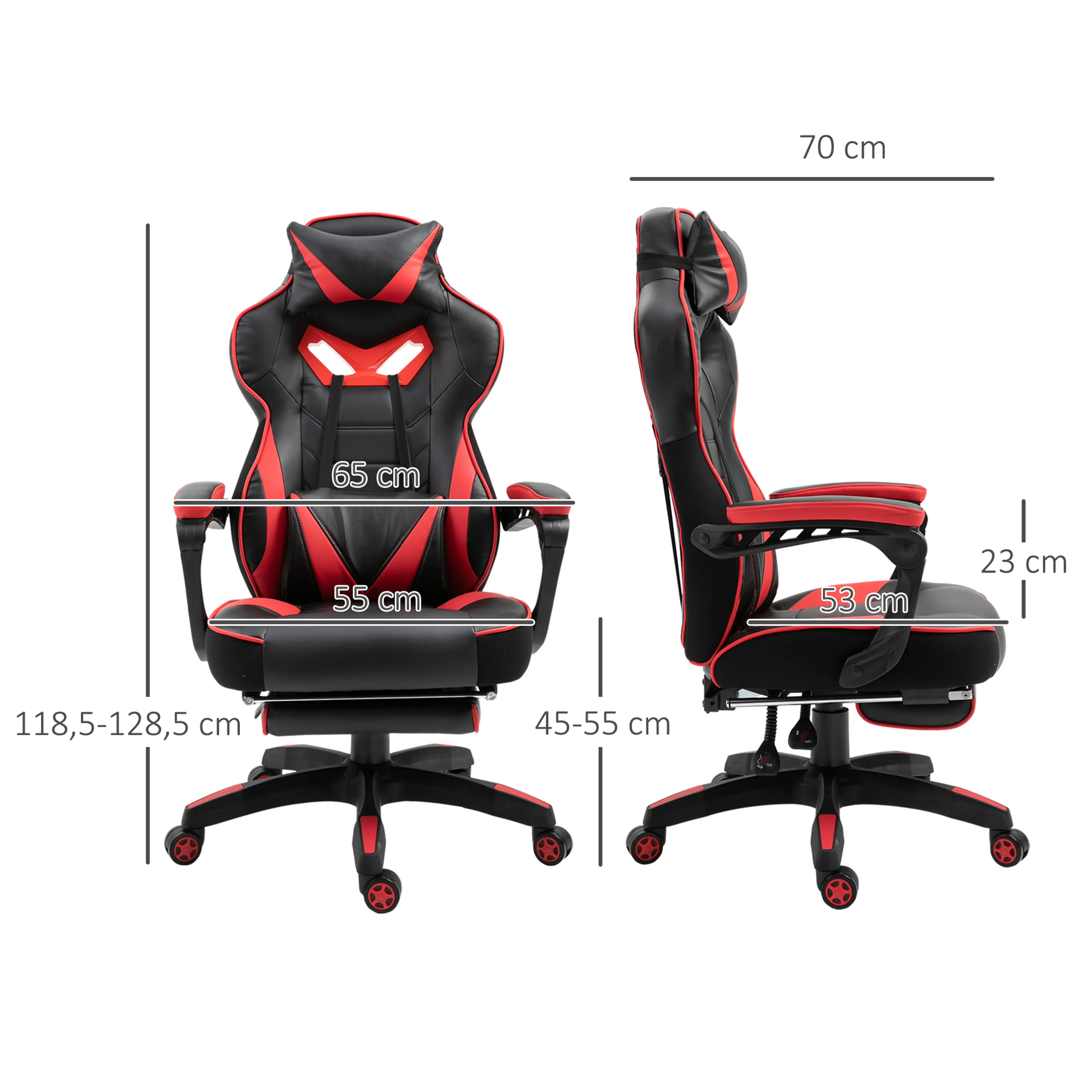 Måttritning för stolen: 65 × 70 cm, 118,5–128,5 cm hög, sits 55 cm och sitthöjd 45–55 cm