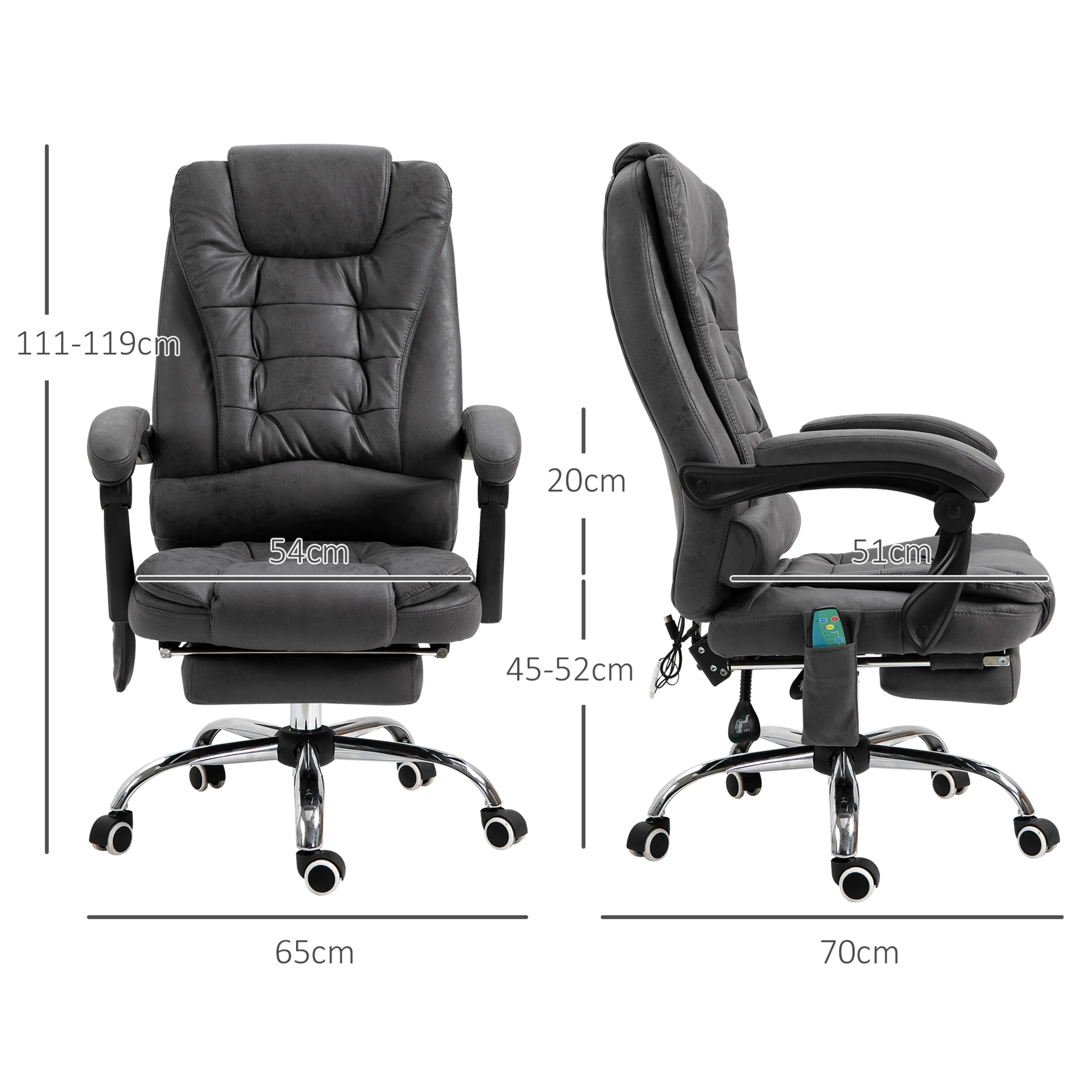 Massagestol mörkgrå i mikrofiber – sex punkter med värme, 138 cm utfälld – bild 4