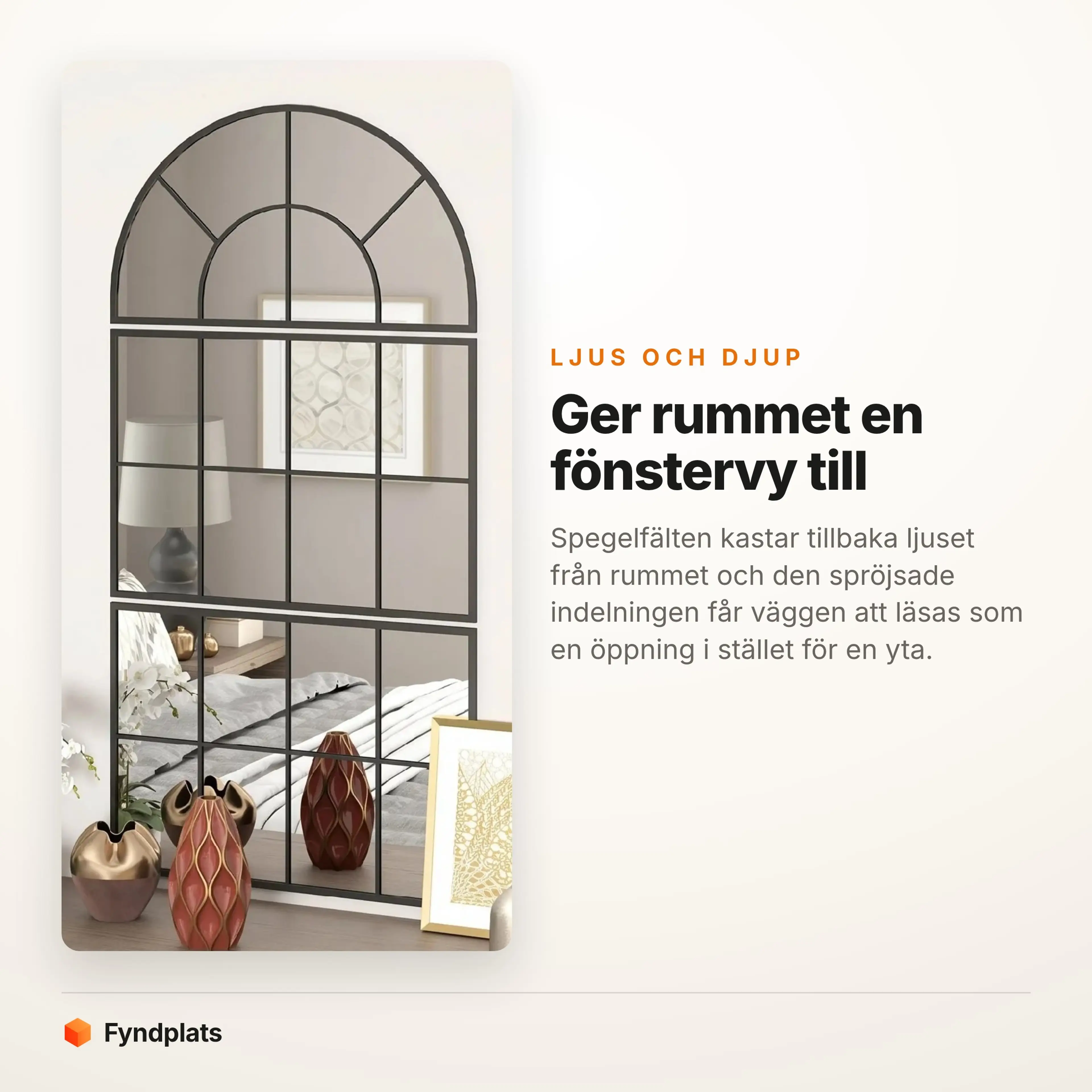 Fönsterspegel i tre delar ovanför en byrå i sovrum, ger rummet ljus och djup