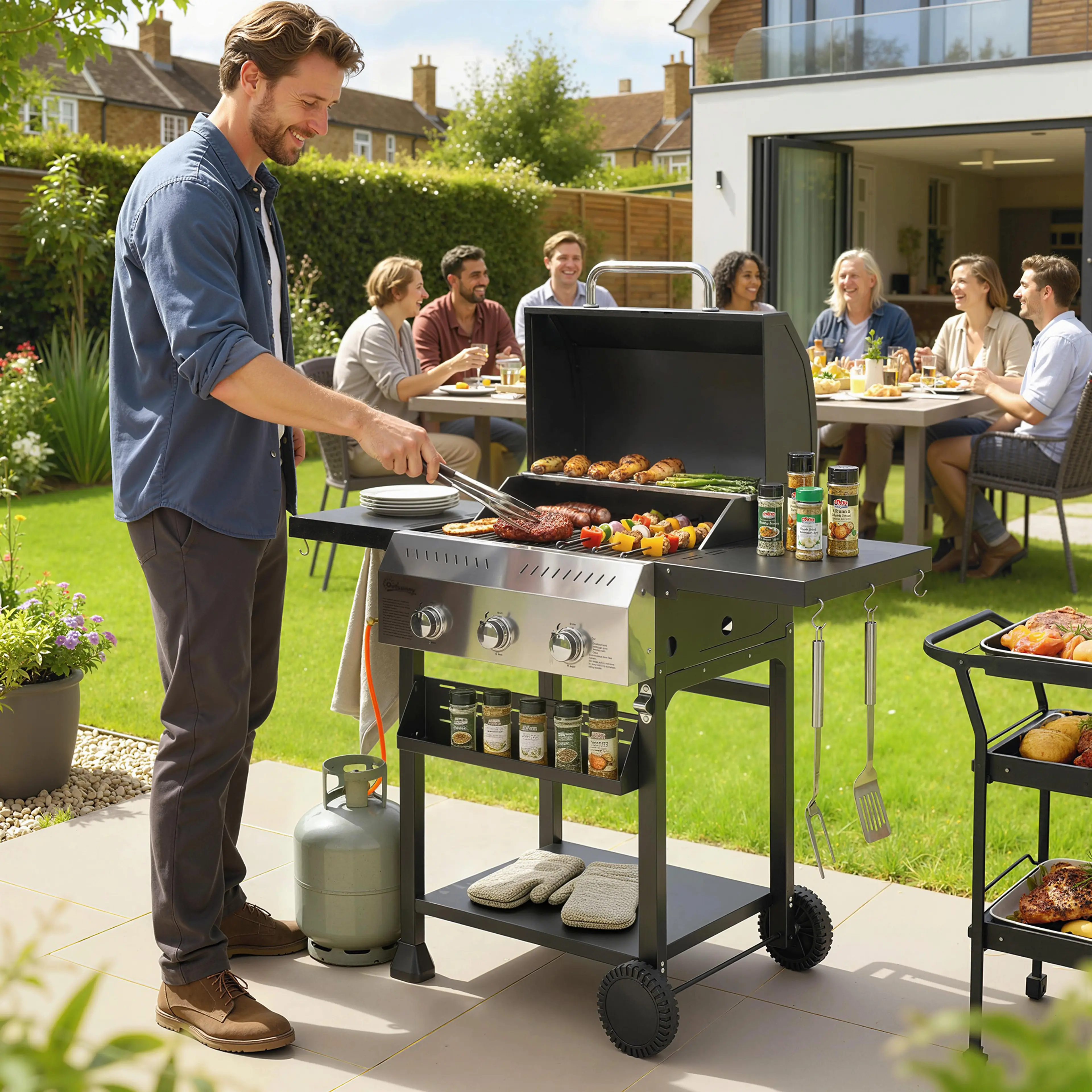 Gasolgrillen i bruk på en uteplats med mat på gallret