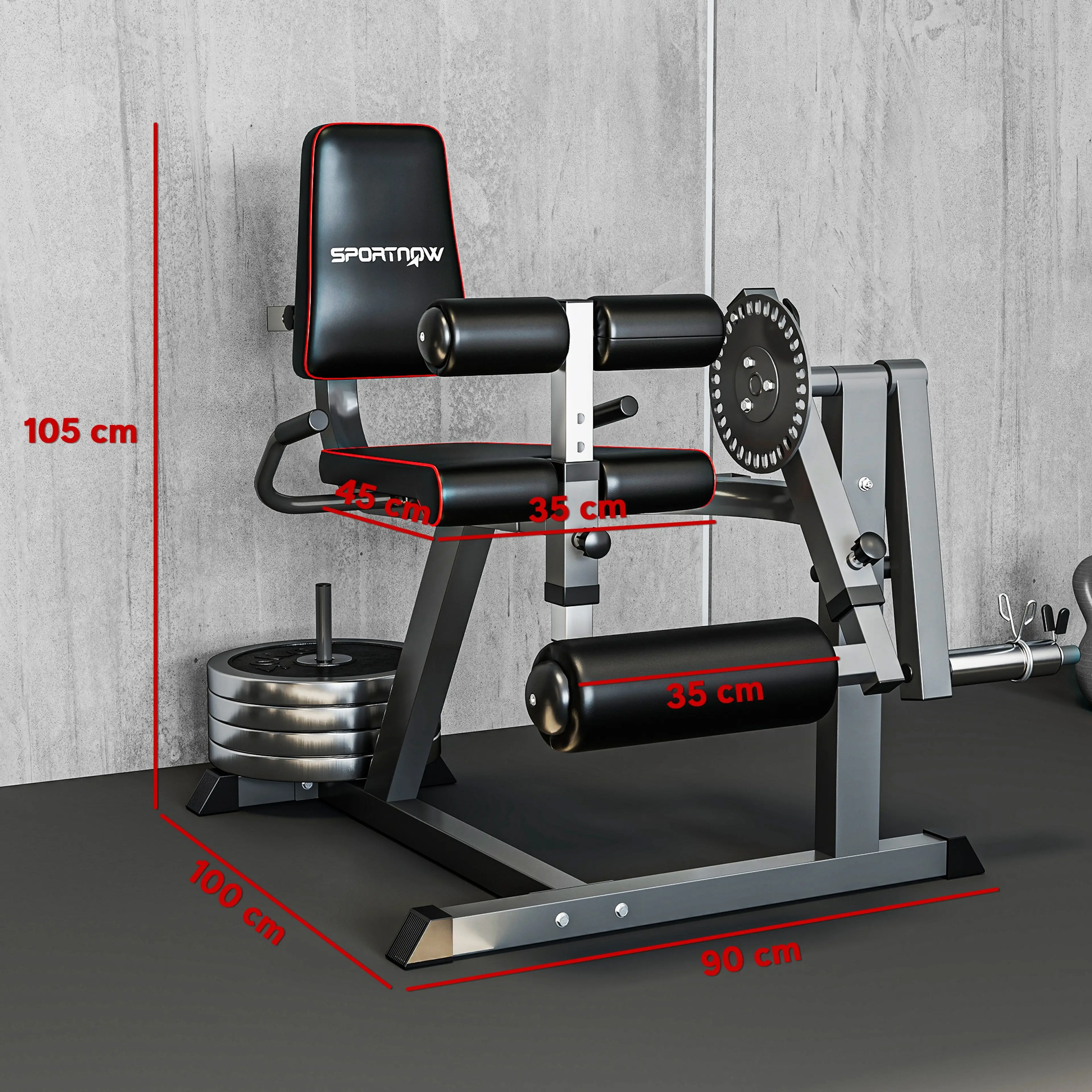 Måttskiss: 100 × 90 × 105 cm, sits 45 × 35 cm och fotdyna 35 cm