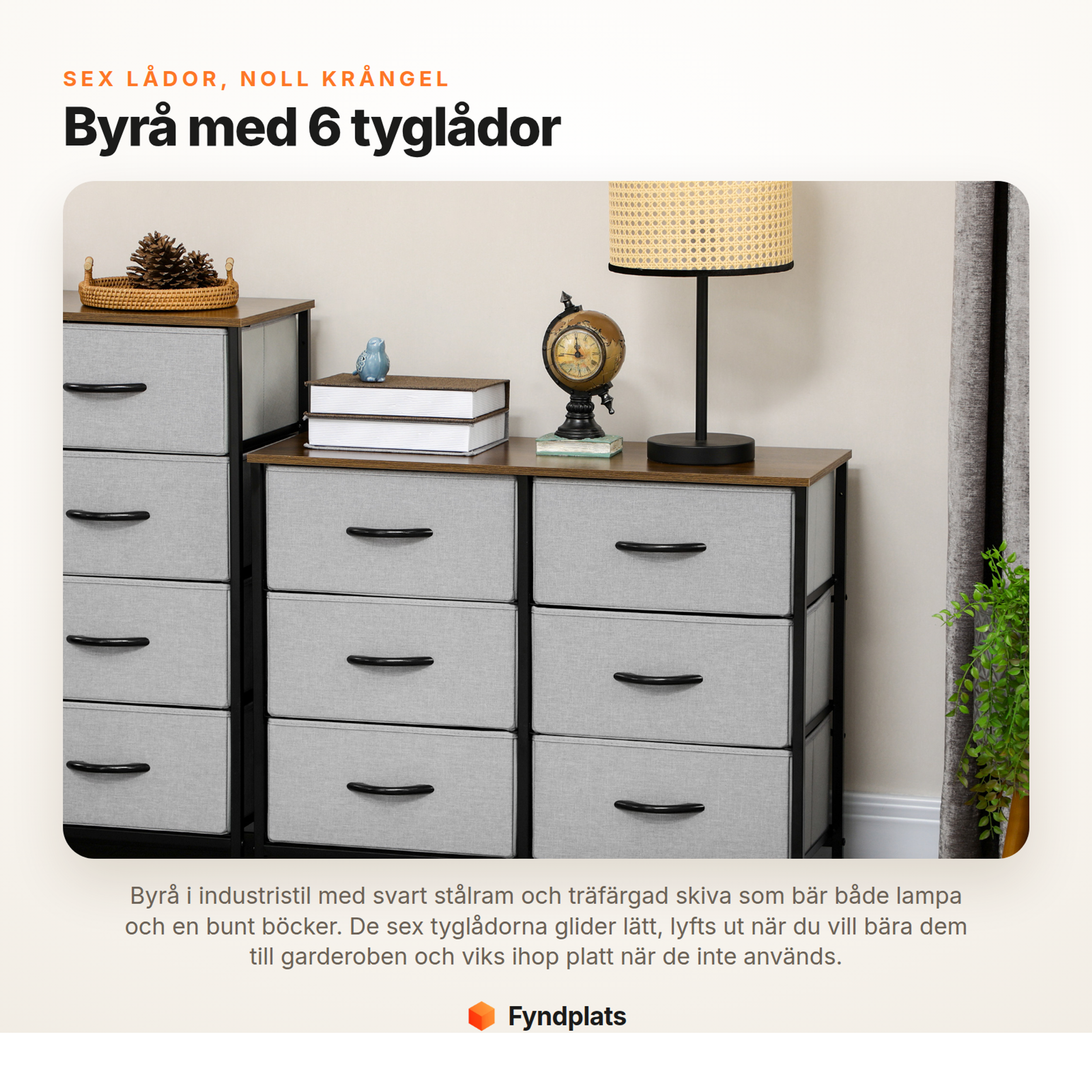 Fyndplats – byrå med 6 uttagbara tyglådor, stålram i industristil och träfärgad skiva