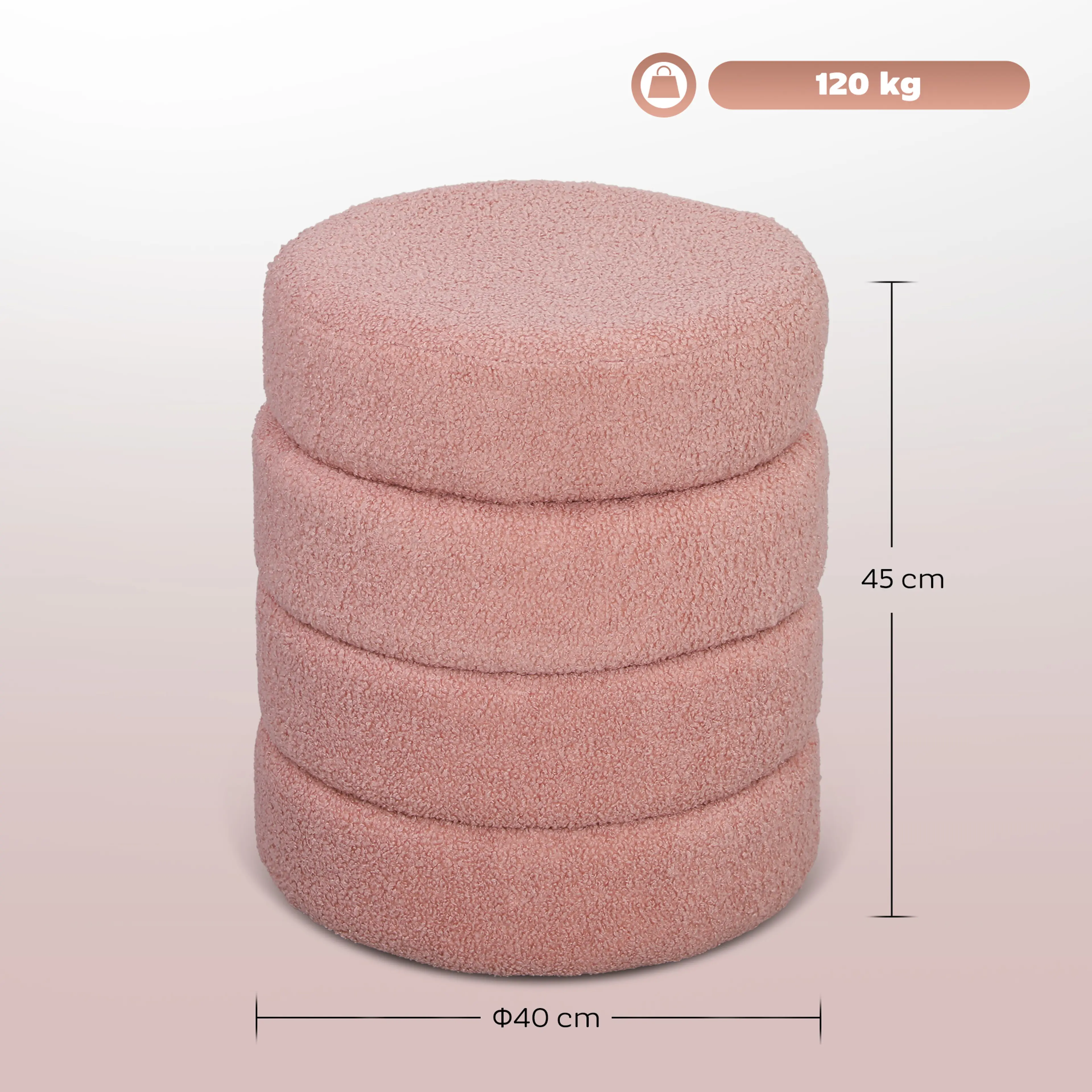 Måttbild: pallen är 40 cm i diameter och 45 cm hög och bär 120 kg
