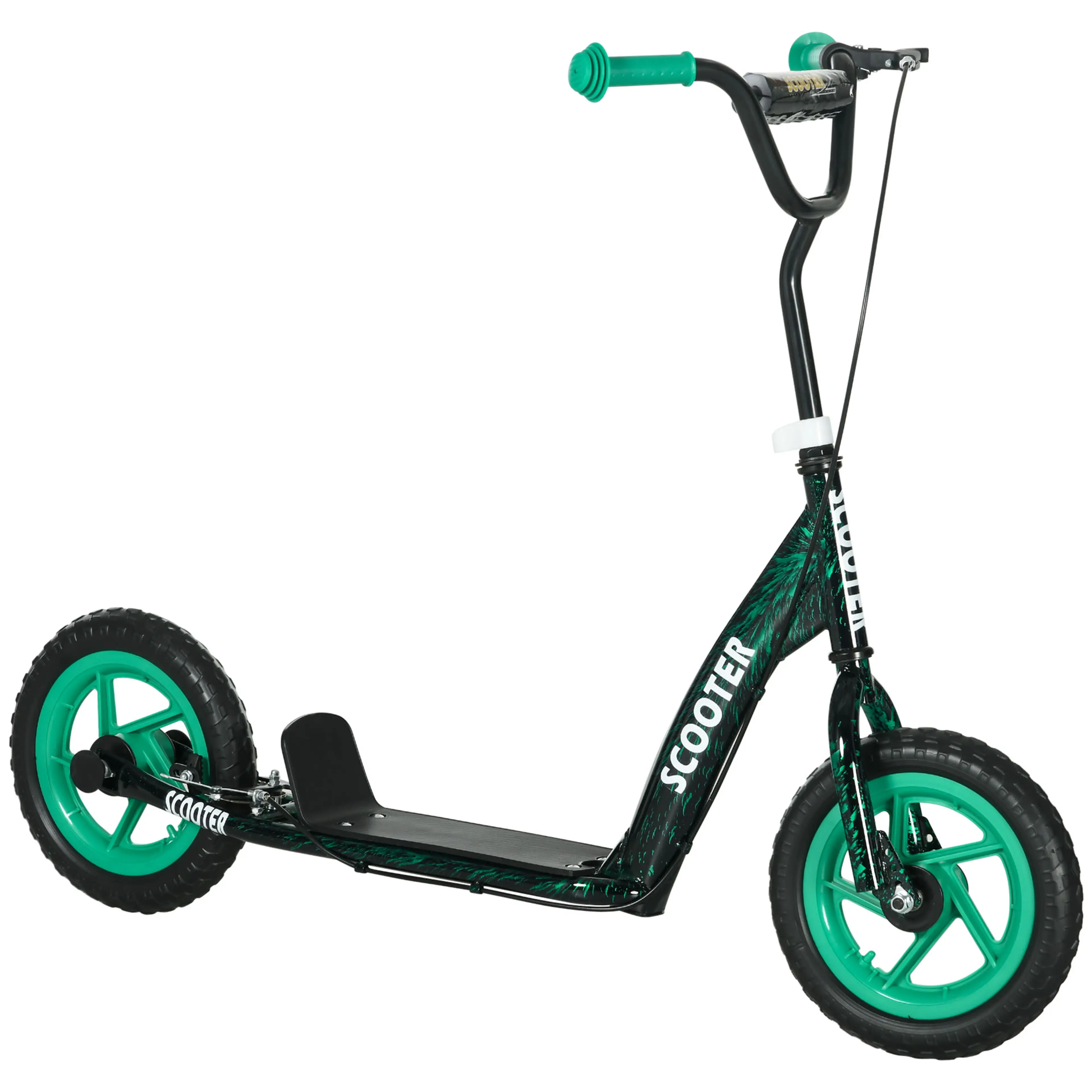 Mörkgrön sparkcykel med gröna maghjul och gröna handtag