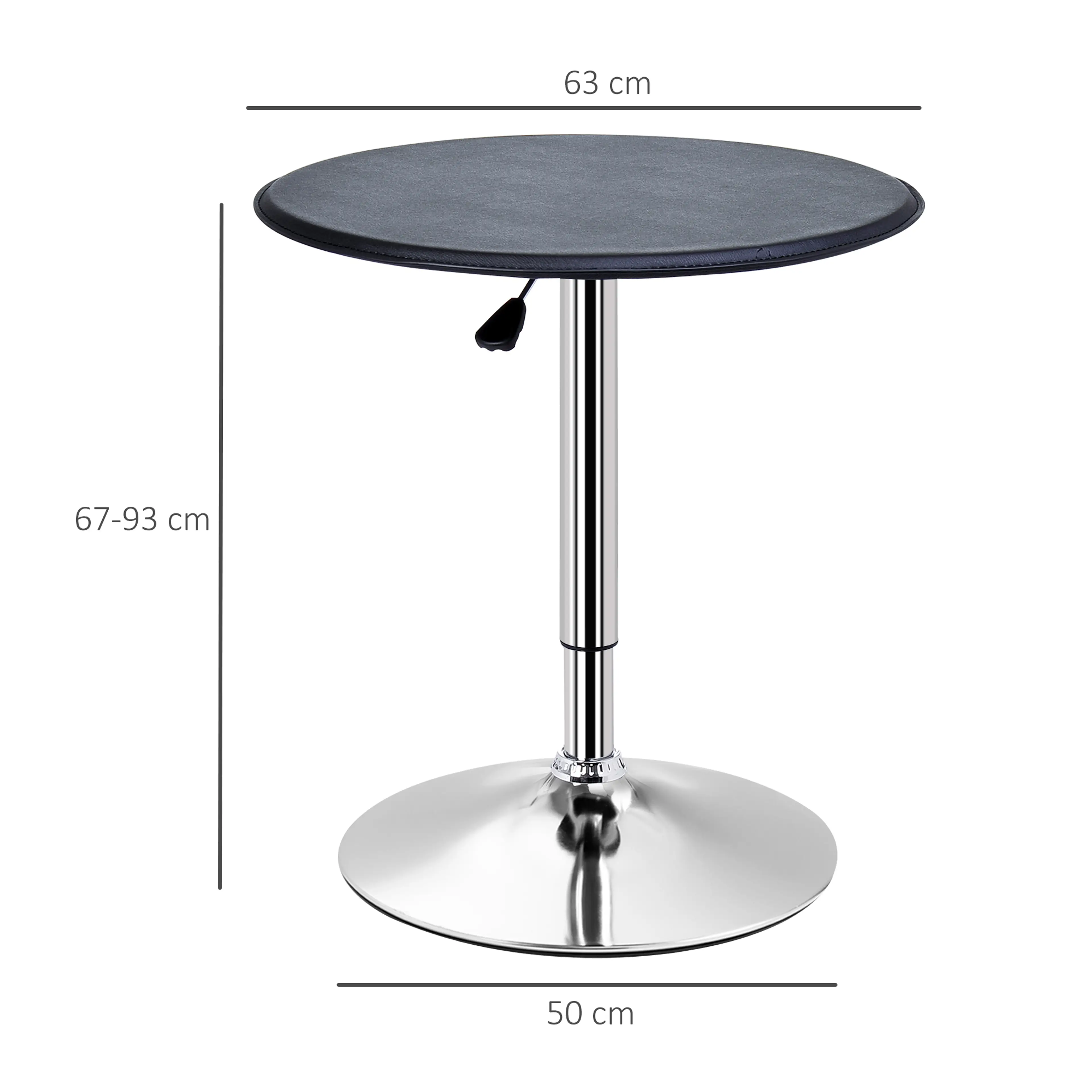 Måttbild: skivan är Ø63 cm, höjden 67–93 cm och foten Ø50 cm