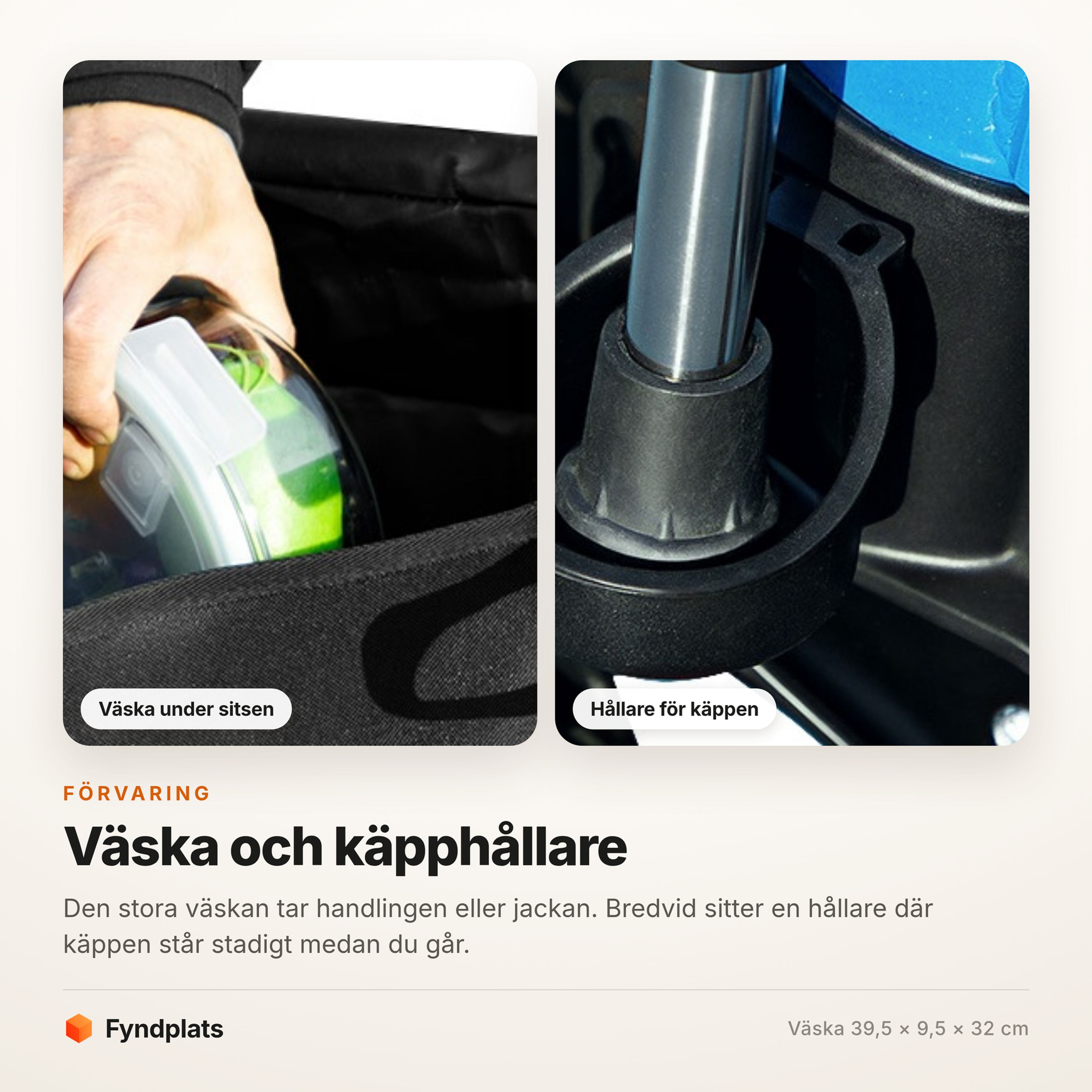 Väska under sitsen och hållare för käppen på ramen