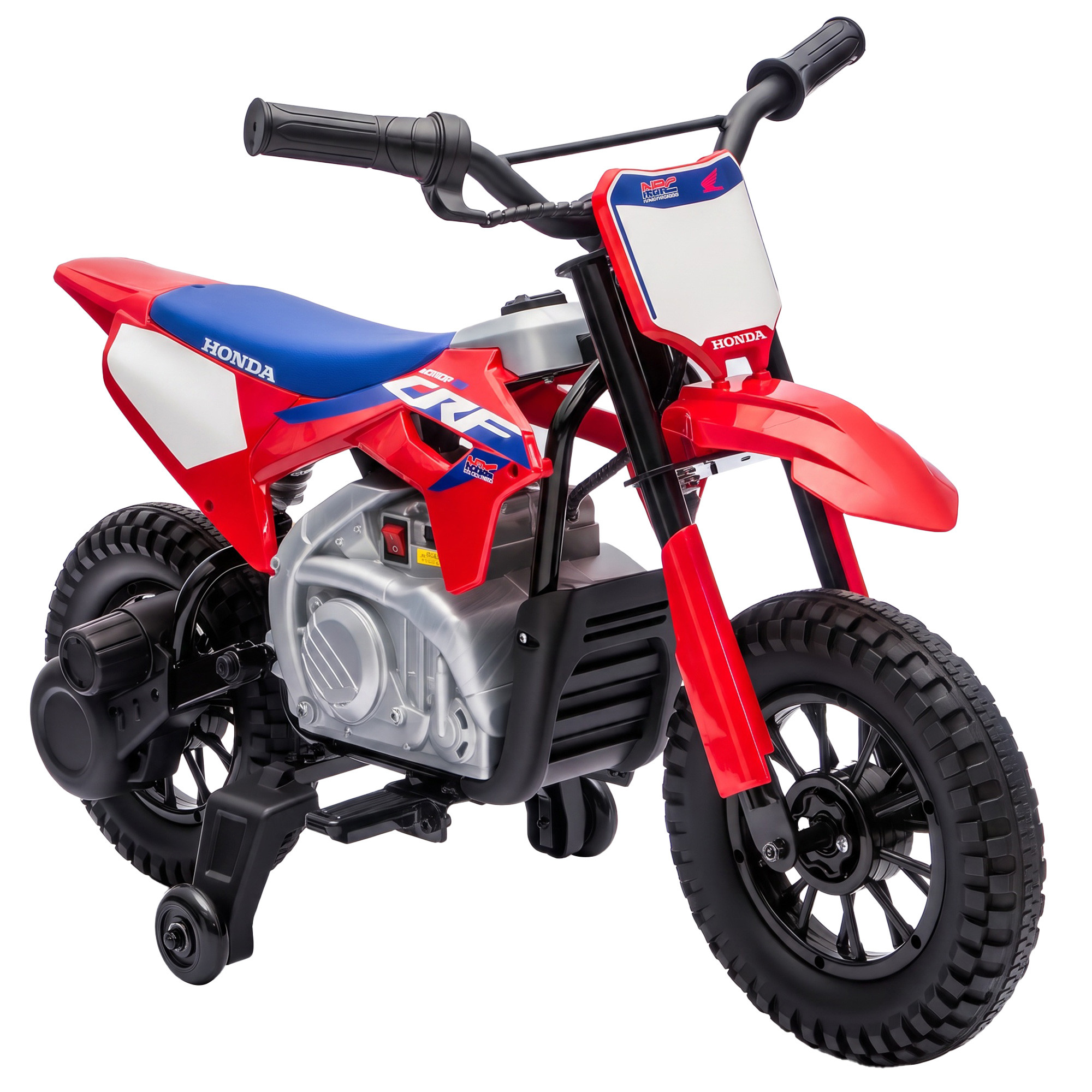 Röd eldriven Honda CRF 450R för barn med blå sits, vit frontplatta och två stödhjul bak, snett framifrån mot vit bakgrund