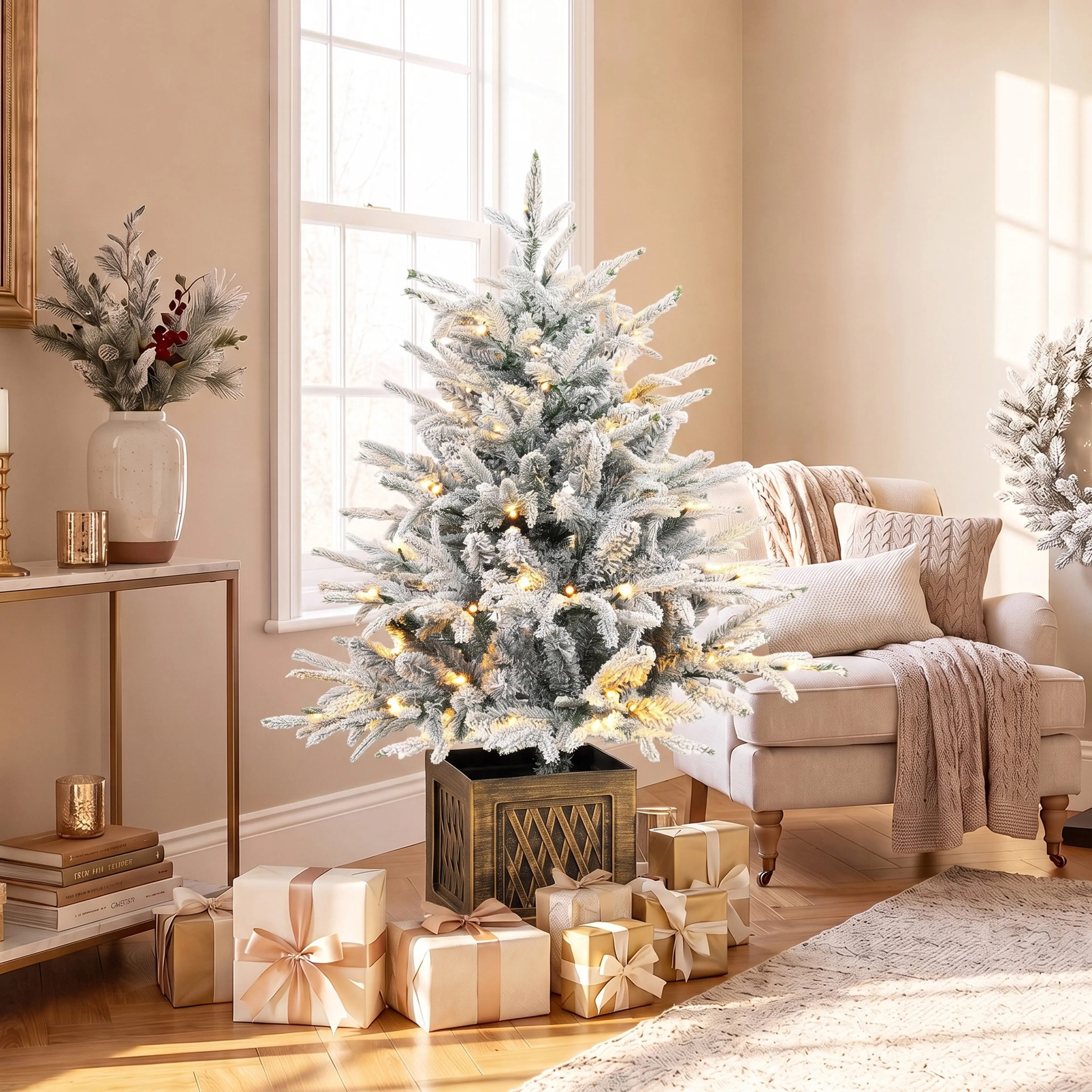 Granen bredvid en fåtölj med julklappar runt foten