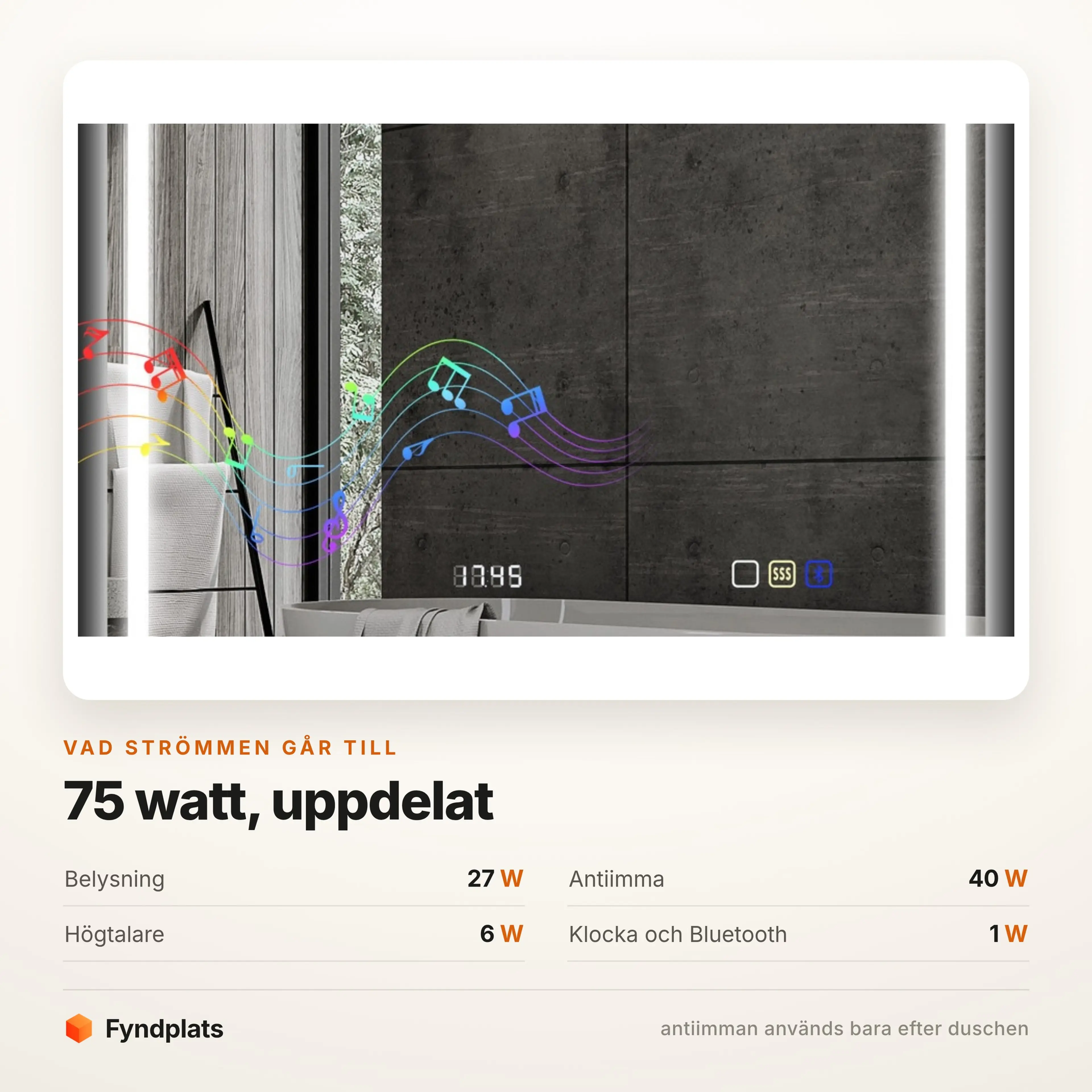 Badrumsspegel LED 100 × 80 cm med Bluetooth och klocka – bild 3